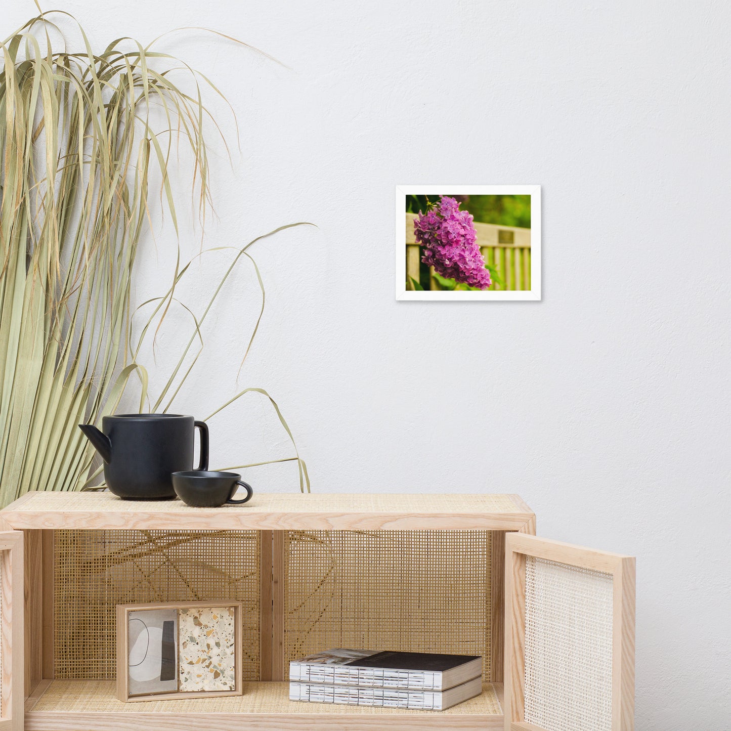 Park Bench with Lilac Floral Nature Photo Framed Wall Art Print