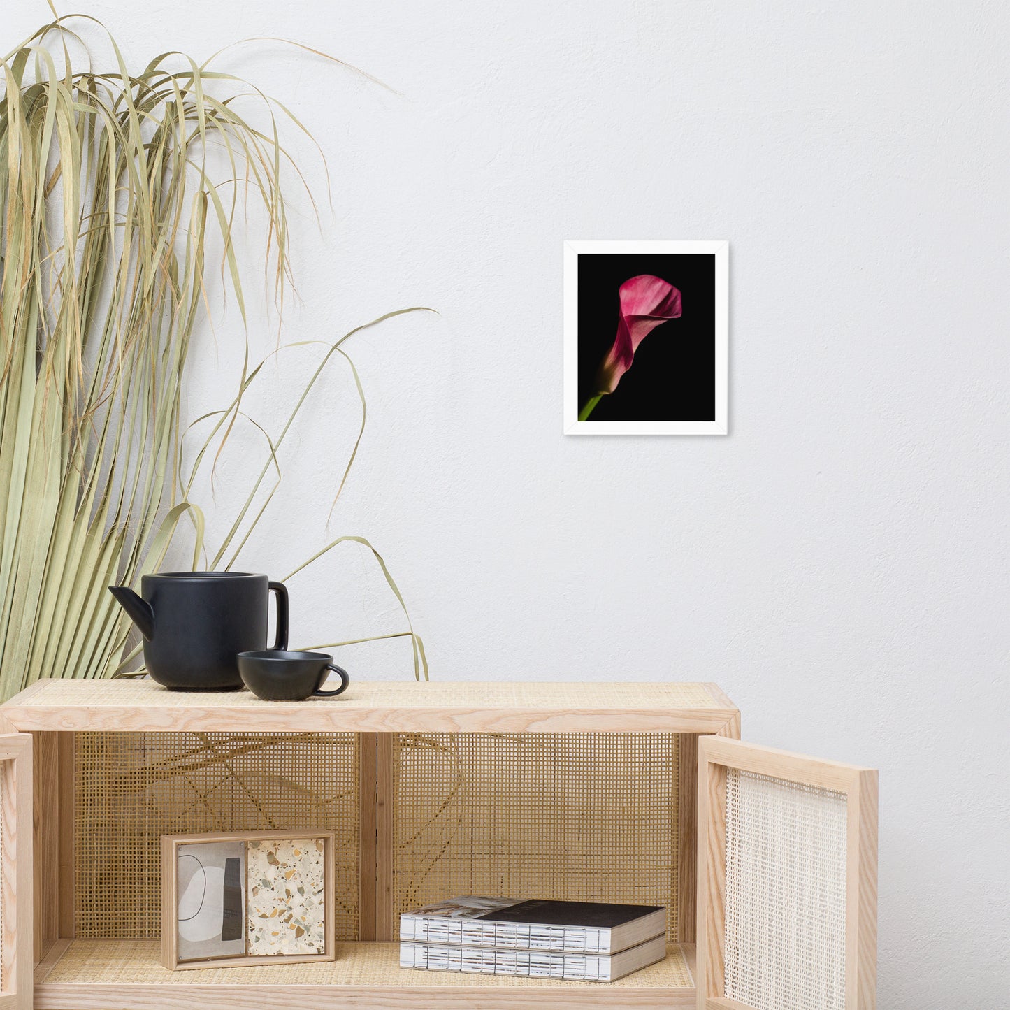 Pink Calla Lily Flower on Black Floral Nature Photo Framed Wall Art Print