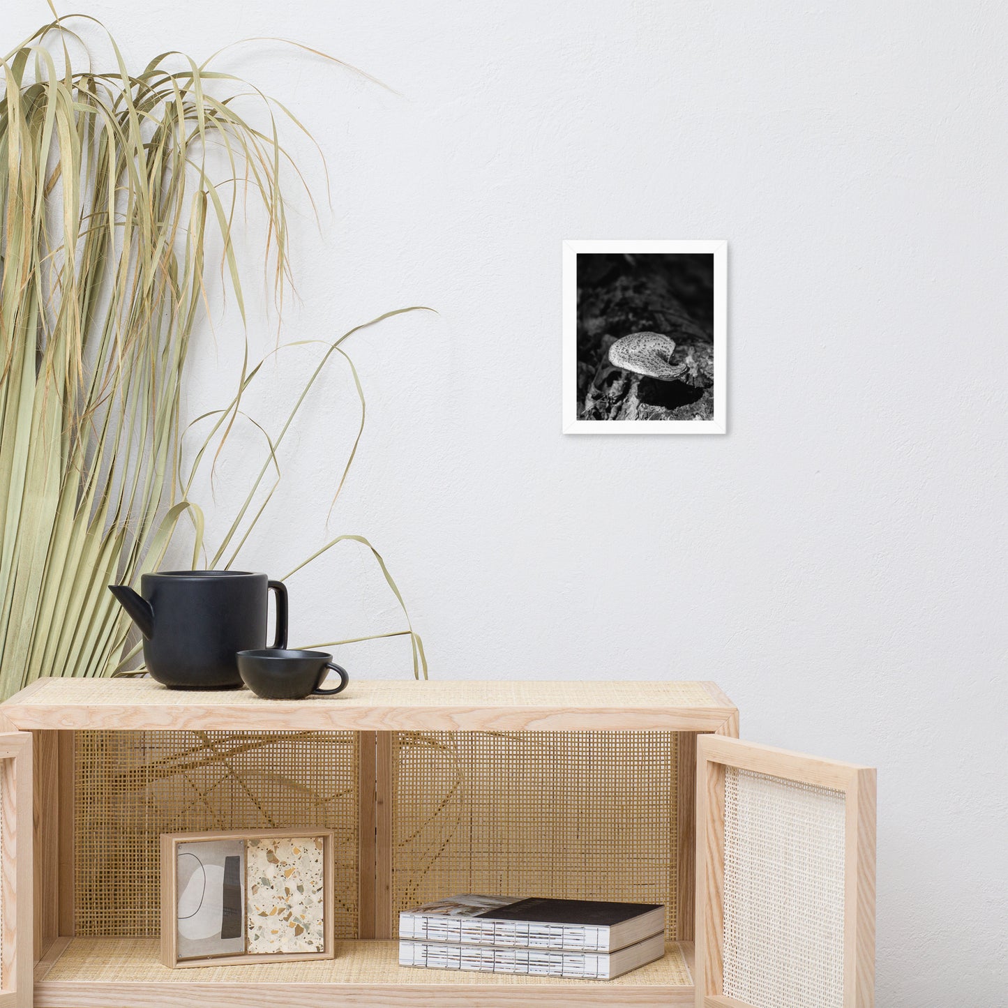 Hanging Botanical Prints: Mushroom on Log in Black & White Rustic / Country Style Nature Photo Framed Wall Art Print