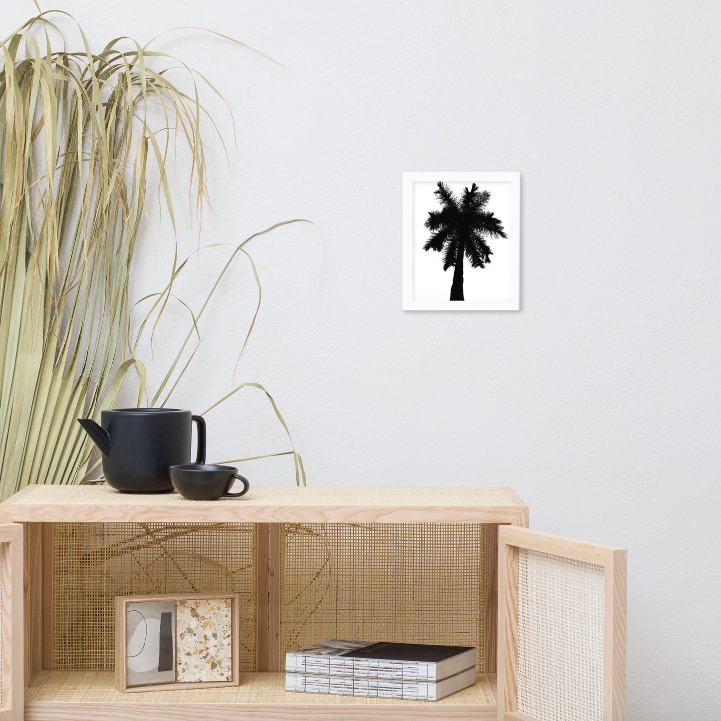 Palm Tree Silhouette on Pure White Botanical Nature Photo Framed Wall Art Print