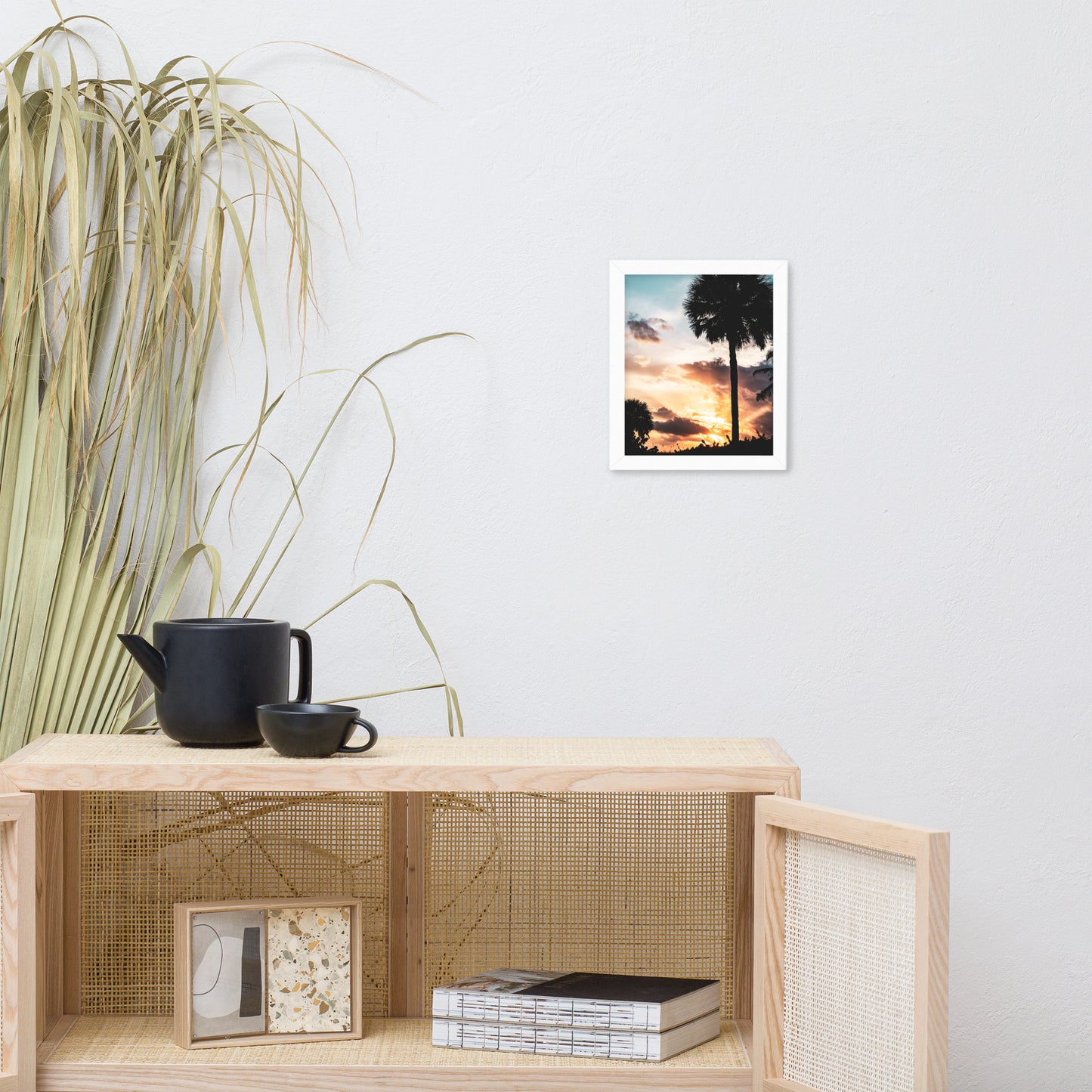 Palm Tree Silhouettes and Sunset Botanical Nature Photo Framed Wall Art Print