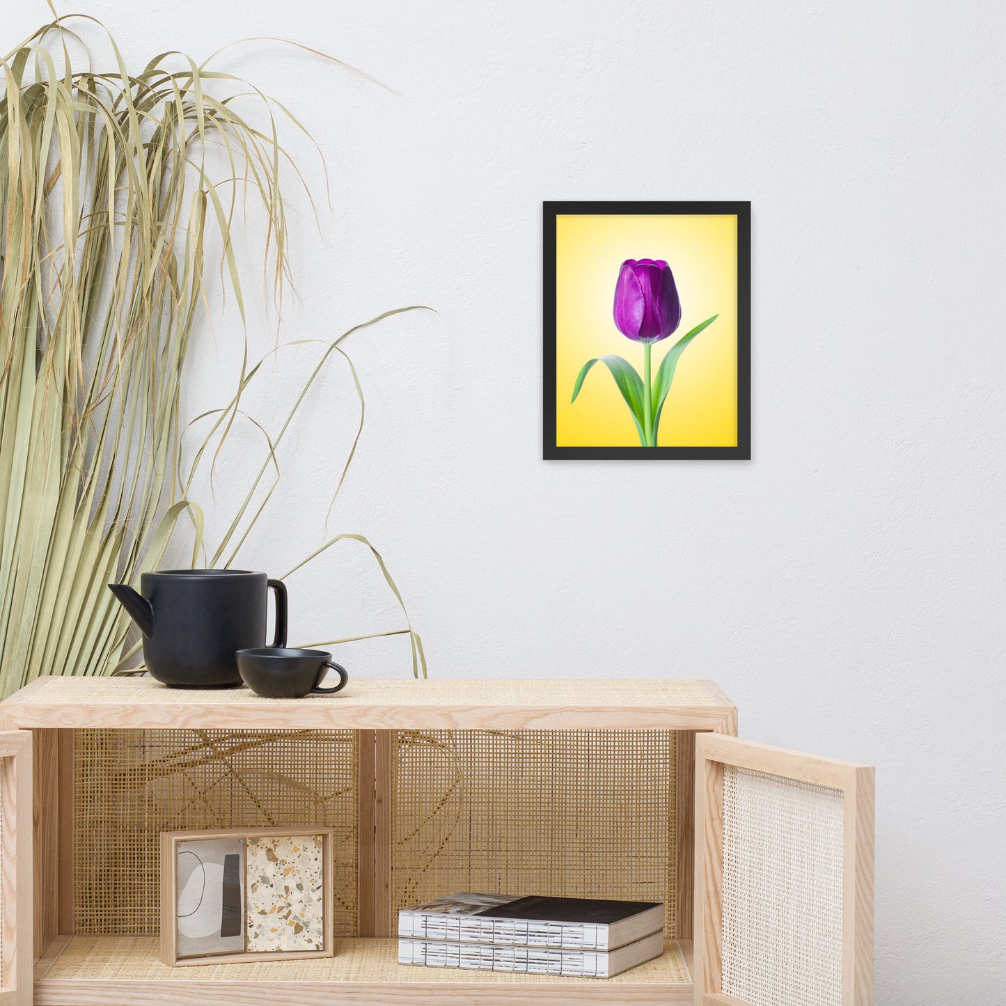 Purple Tulip on Yellow Minimal Floral Nature Photo Framed Wall Art Print