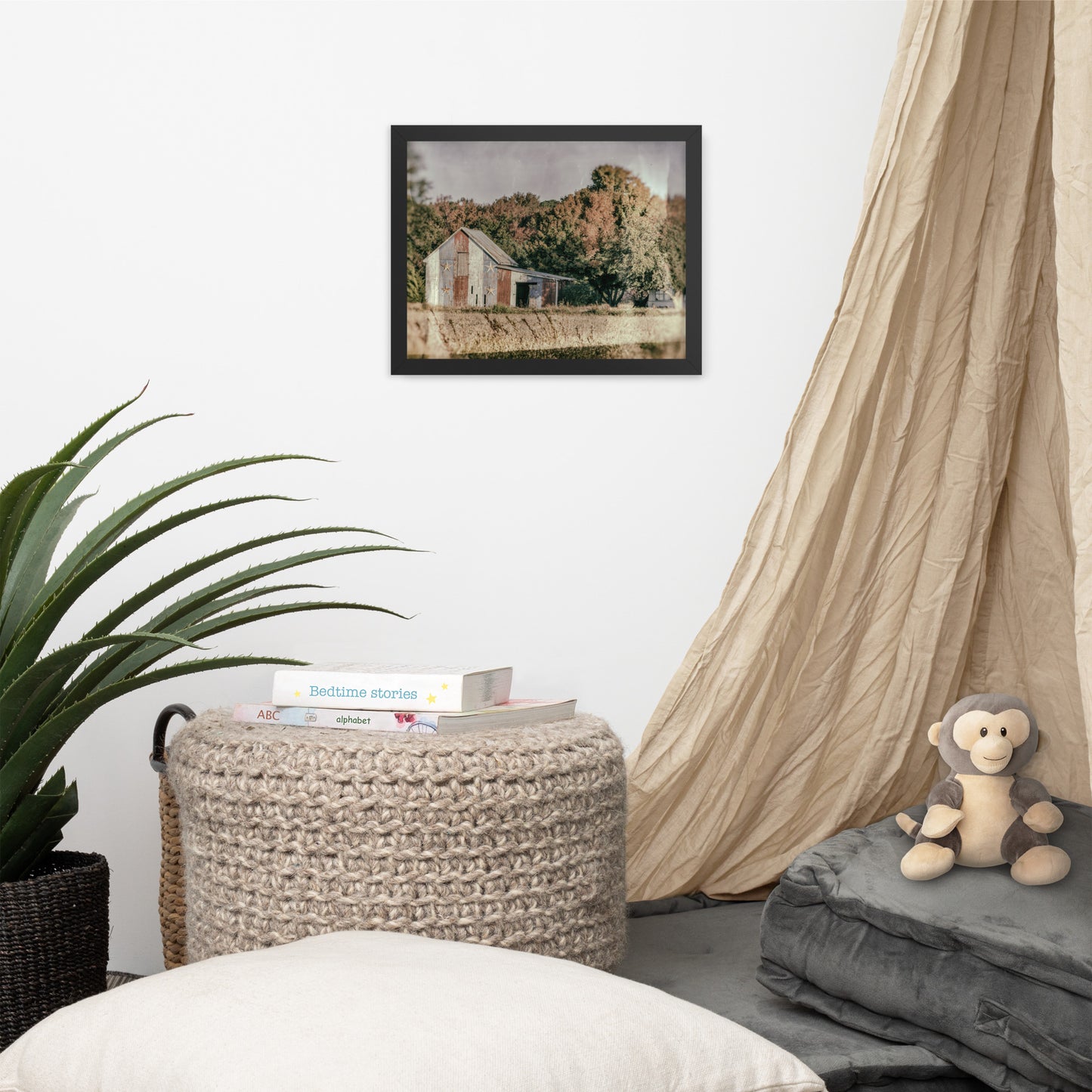Patriotic Weathered Barn in Field - Glass Plate Framed Photo Paper Wall Art Prints
