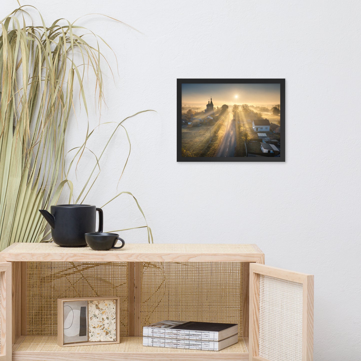 Misty Rural Town Sunrise in Autumn with Glory Rays Framed Wall Art Prints
