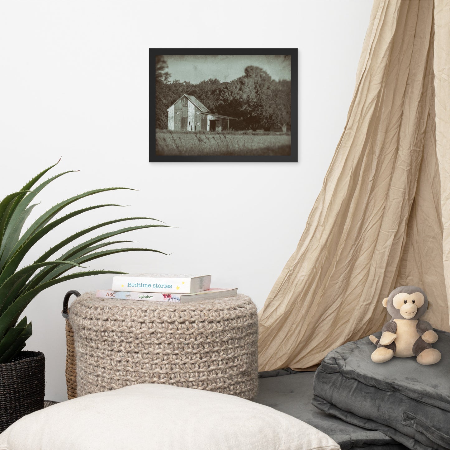 Patriotic Barn in Field Vintage Black and White Glass Plate Framed Photo Paper Wall Art Prints