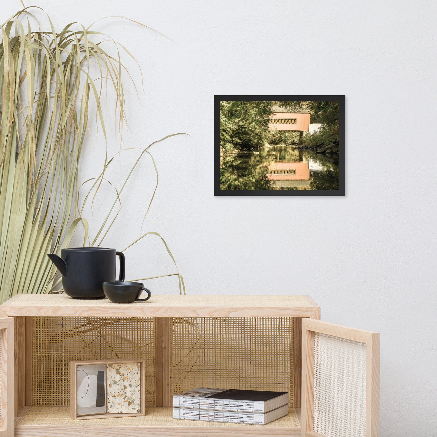 The Reflections of Wooddale Covered Bridge Aged Framed Photo Paper Wall Art Prints