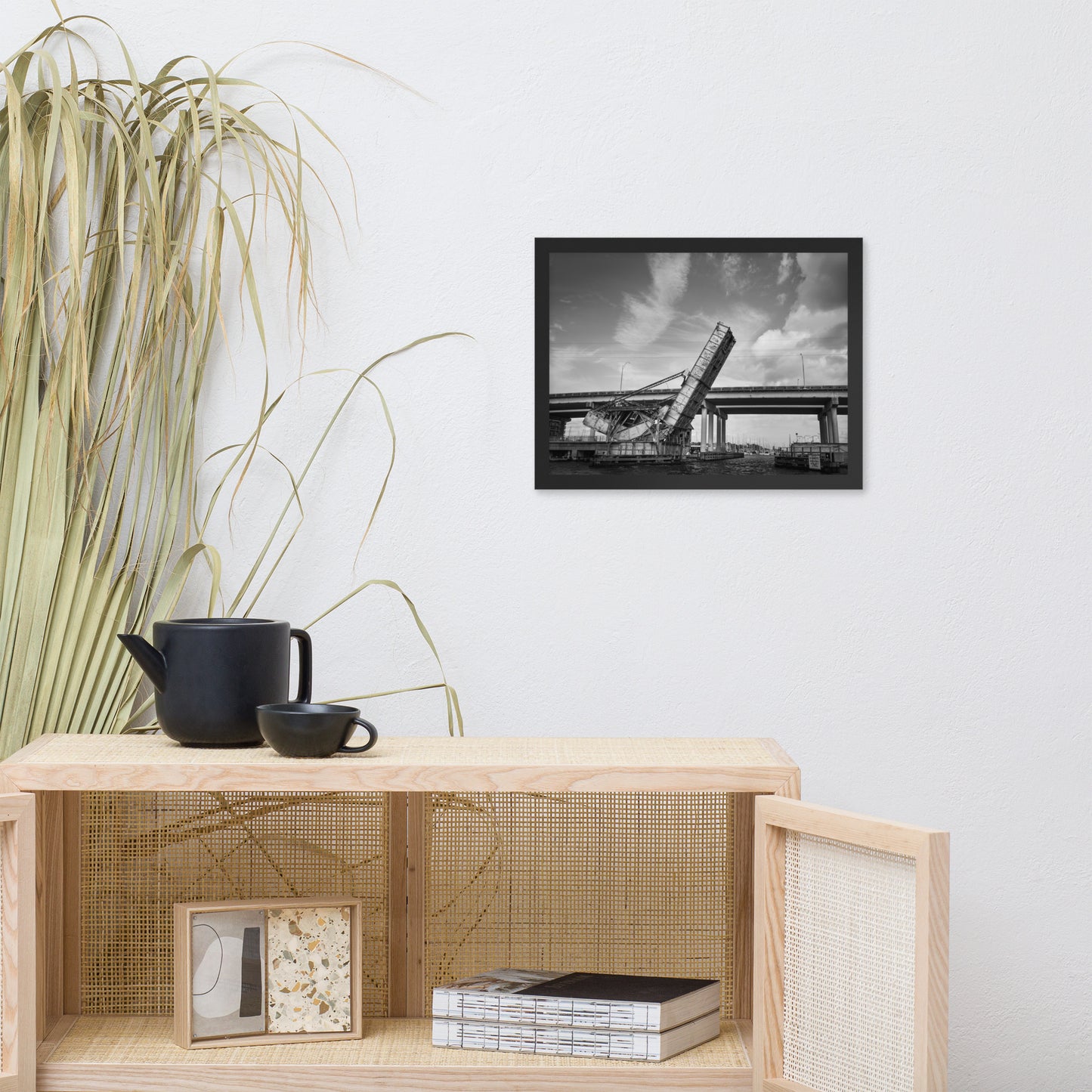 Train Drawbridge Jacksonville Black and White Cityscape Photo Framed Wall Art Print
