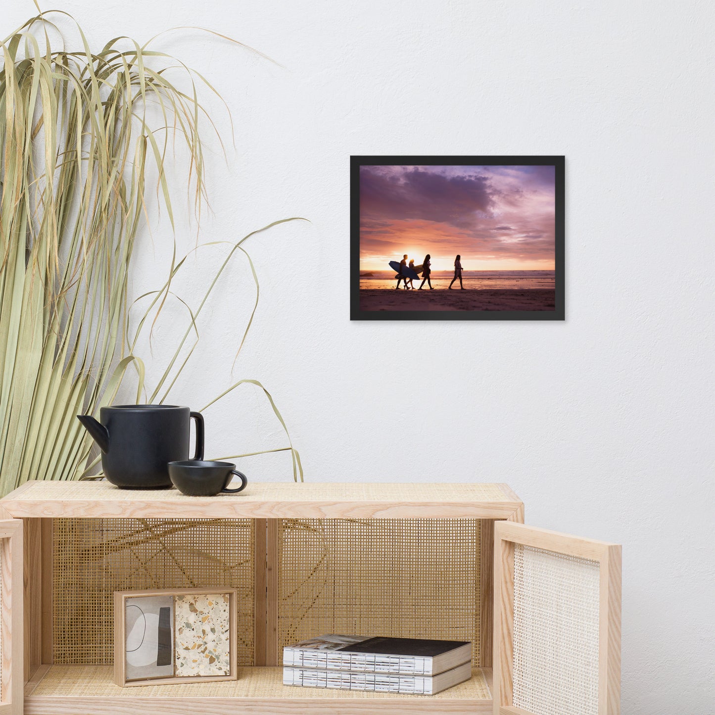 Surfers and Sunset on the Shore Coastal Landscape Lifestyle Photograph Framed Wall Art Print