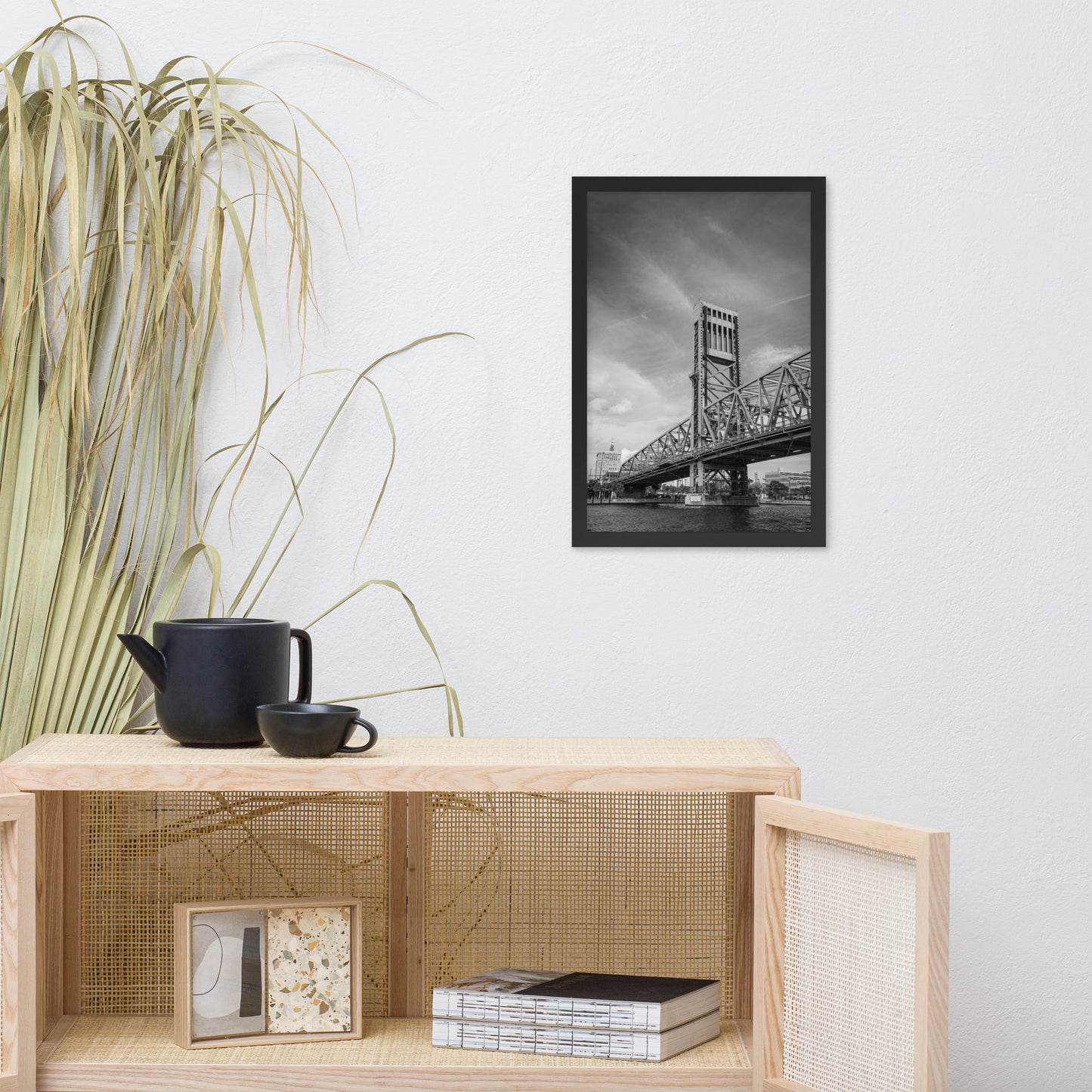 Lift Bridge of Jacksonville Florida Black and White Urban Landscape Photo Framed Wall Art Print