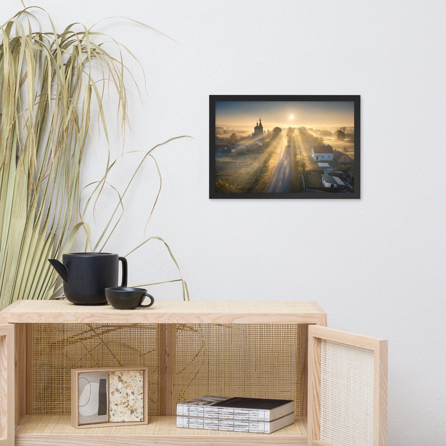 Misty Rural Town Sunrise in Autumn with Glory Rays Framed Wall Art Prints