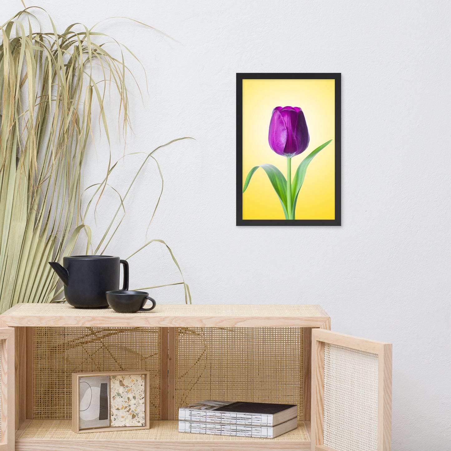 Purple Tulip on Yellow Minimal Floral Nature Photo Framed Wall Art Print