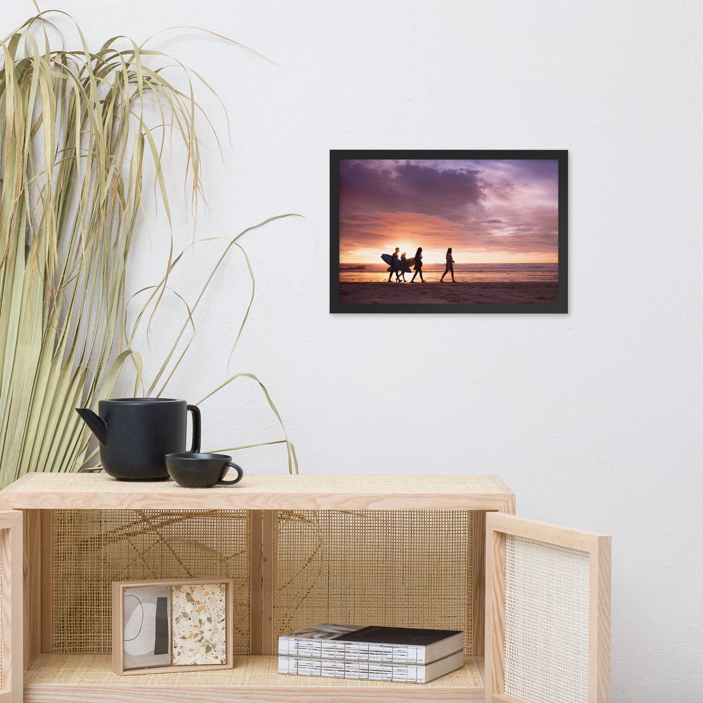 Surfers and Sunset on the Shore Coastal Landscape Lifestyle Photograph Framed Wall Art Print