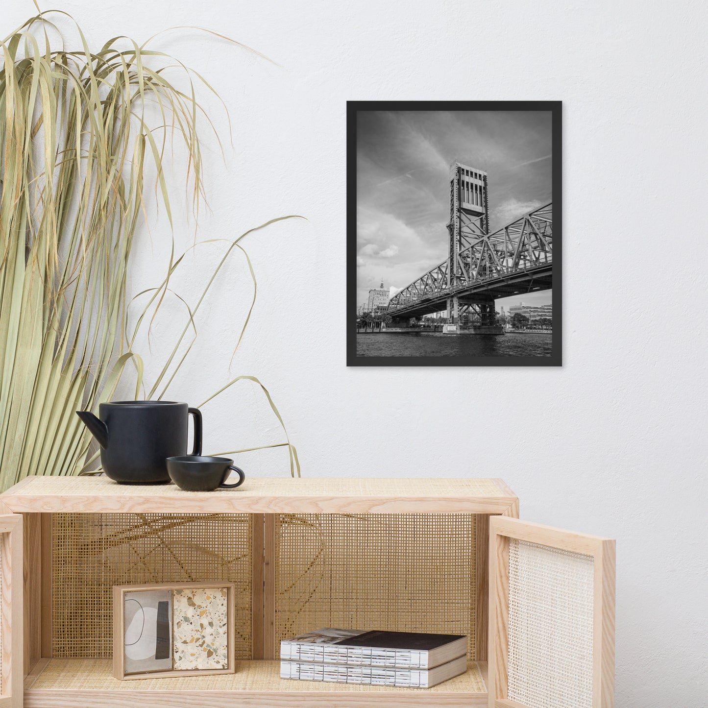 Lift Bridge of Jacksonville Florida Black and White Urban Landscape Photo Framed Wall Art Print