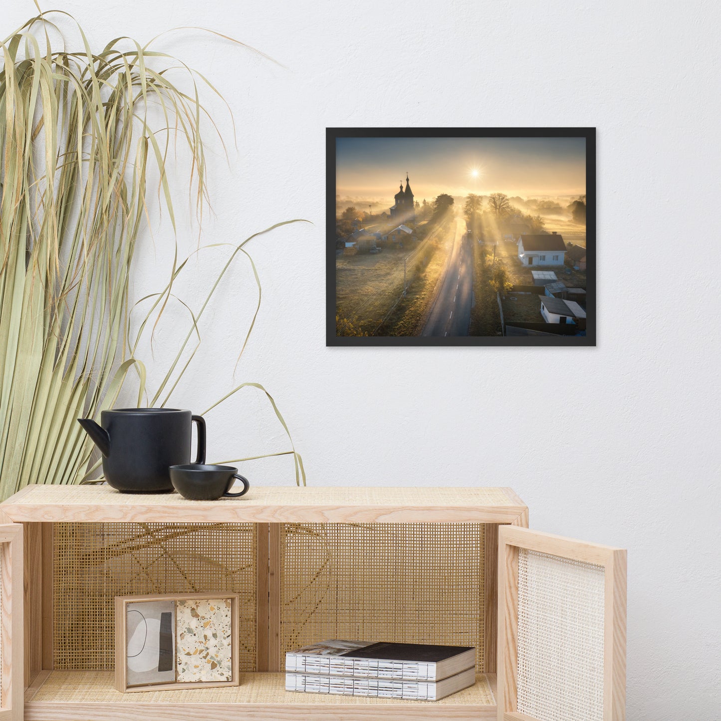 Misty Rural Town Sunrise in Autumn with Glory Rays Framed Wall Art Prints