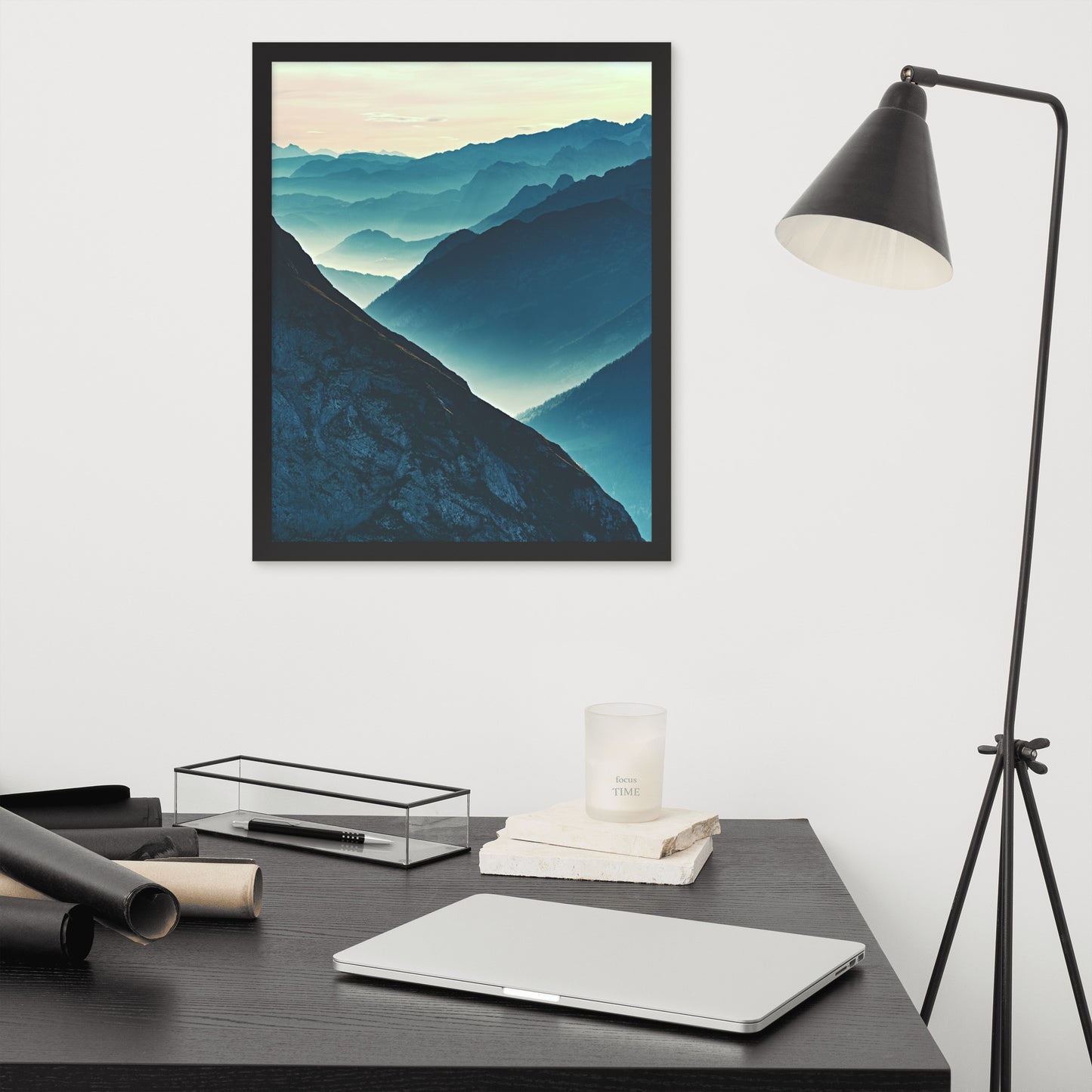 Misty Blue Silhouette Mountain Range Framed Photo Paper Wall Art Prints