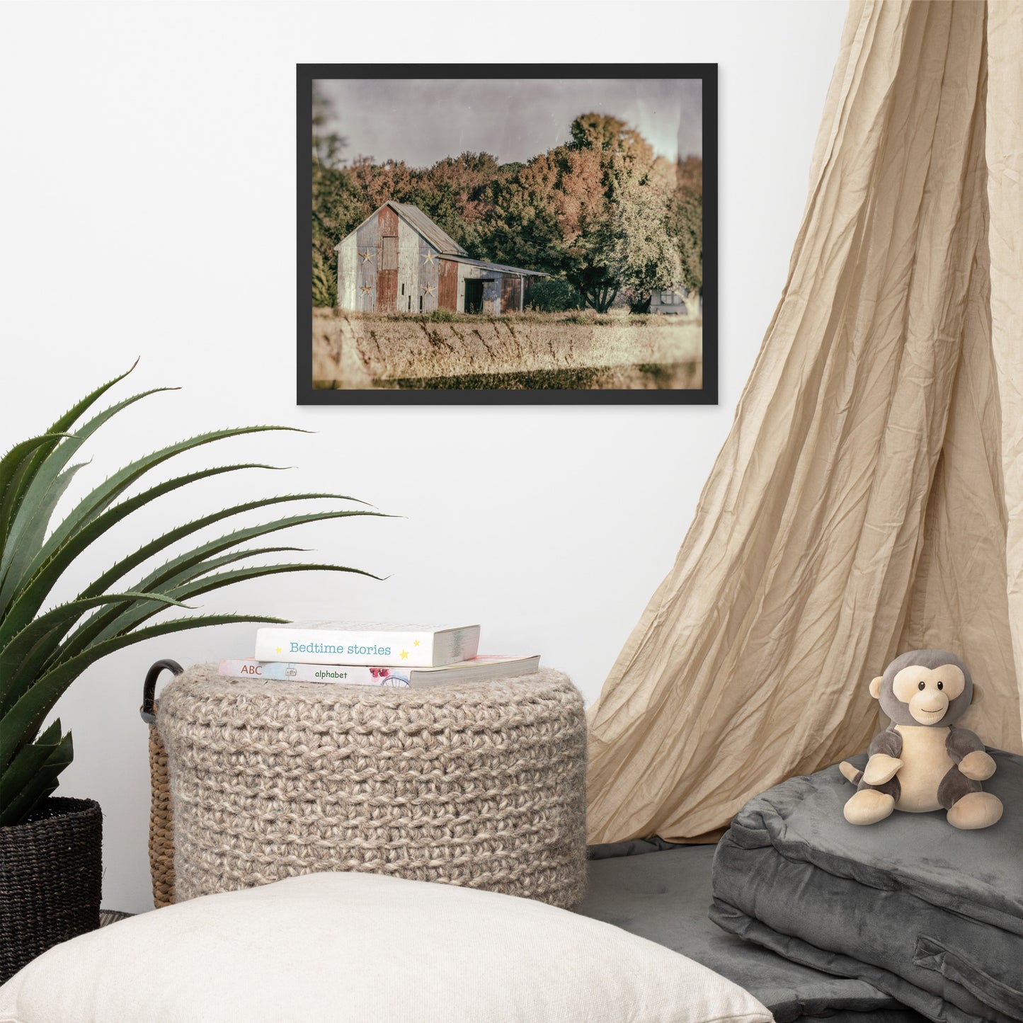 Patriotic Weathered Barn in Field - Glass Plate Framed Photo Paper Wall Art Prints