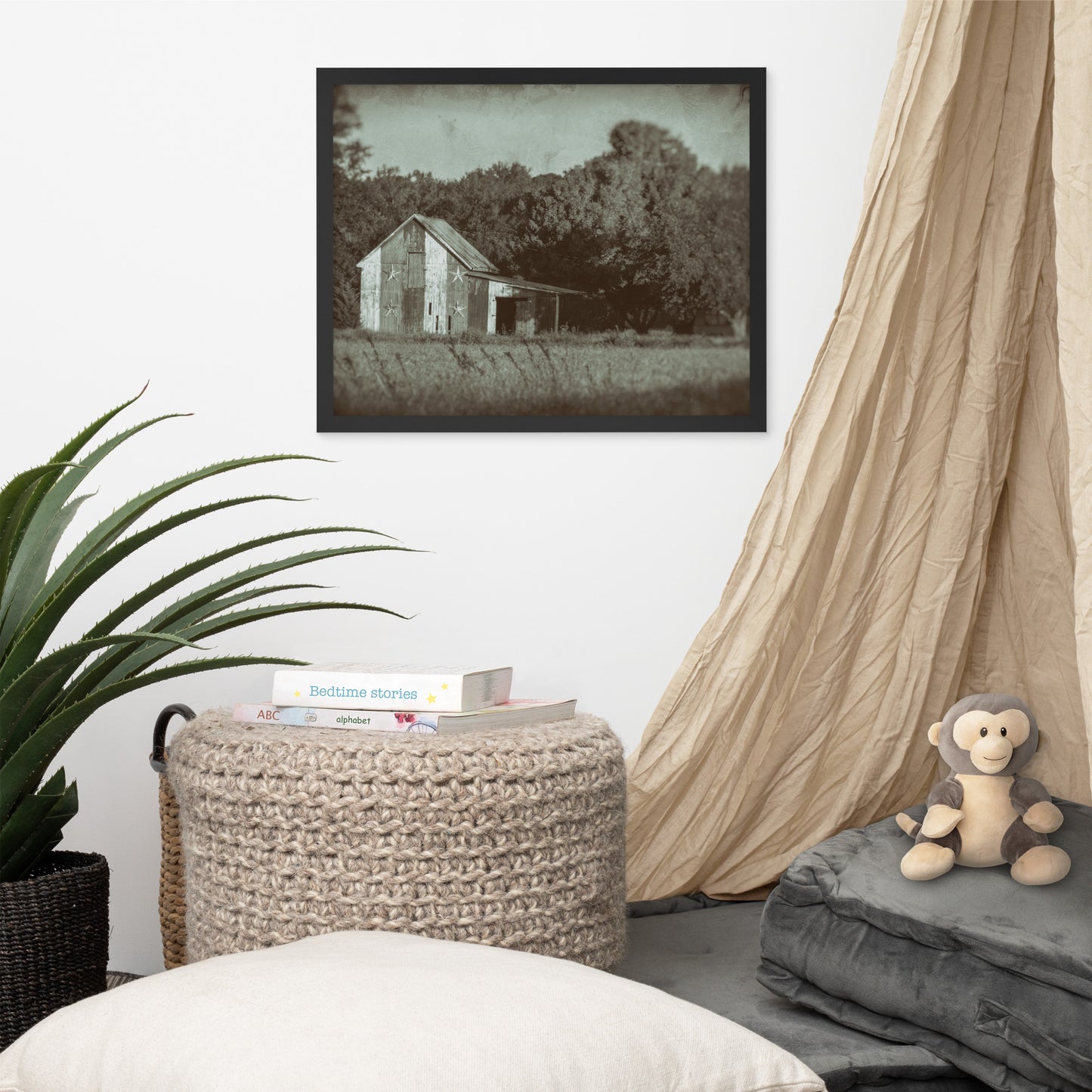 Patriotic Barn in Field Vintage Black and White Glass Plate Framed Photo Paper Wall Art Prints