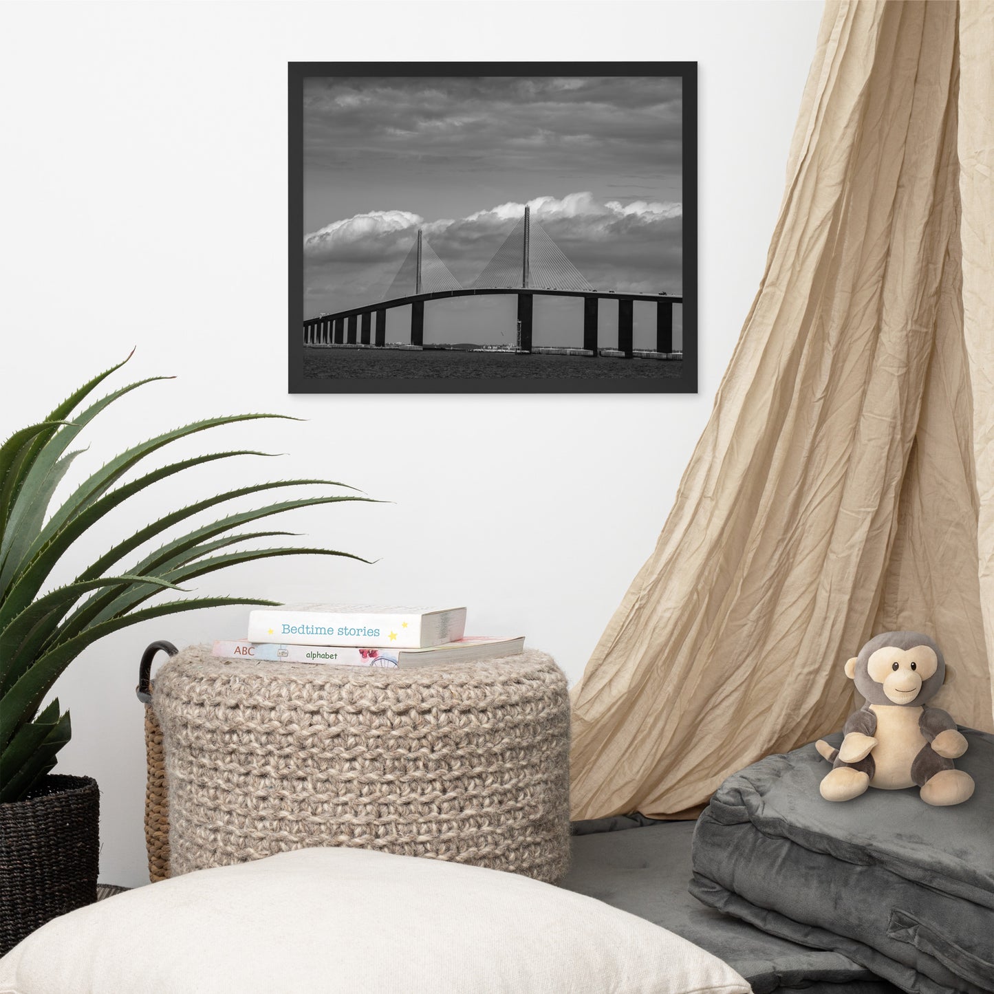 Skyway Bridge Black and White Coastal Landscape Framed Photo Paper Wall Art Prints
