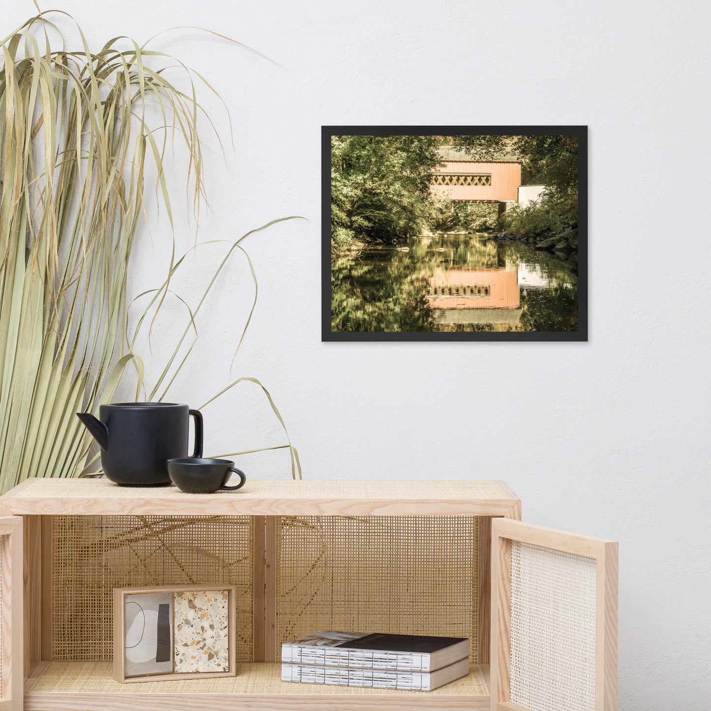 The Reflections of Wooddale Covered Bridge Aged Framed Photo Paper Wall Art Prints