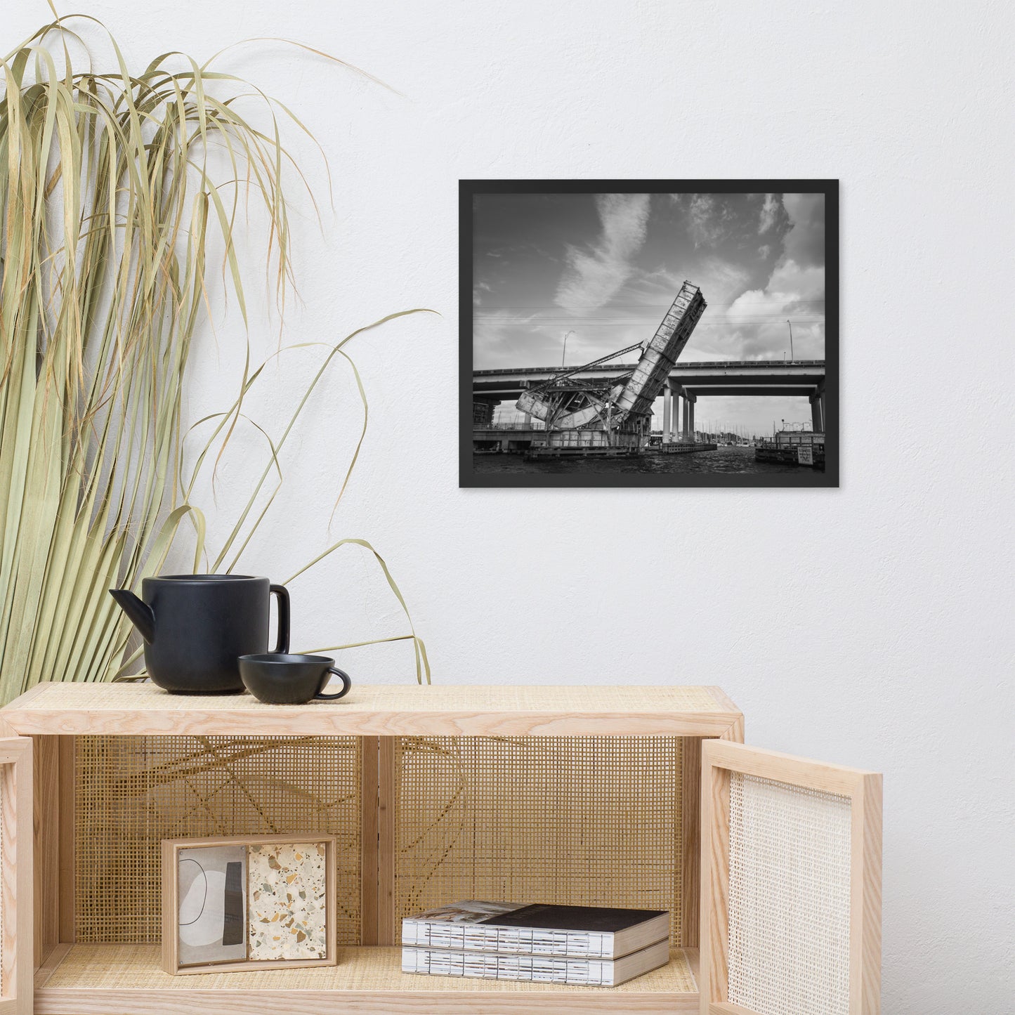 Train Drawbridge Jacksonville Black and White Cityscape Photo Framed Wall Art Print