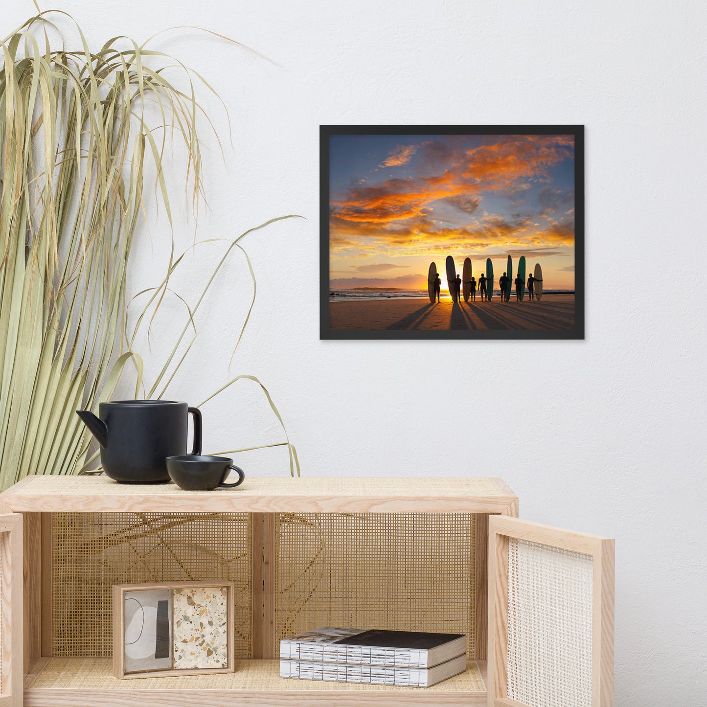 Silhouettes of Stoke: A Malibu Sunrise Coastal Lifestyle Abstract Nature Photograph Framed Wall Art Print