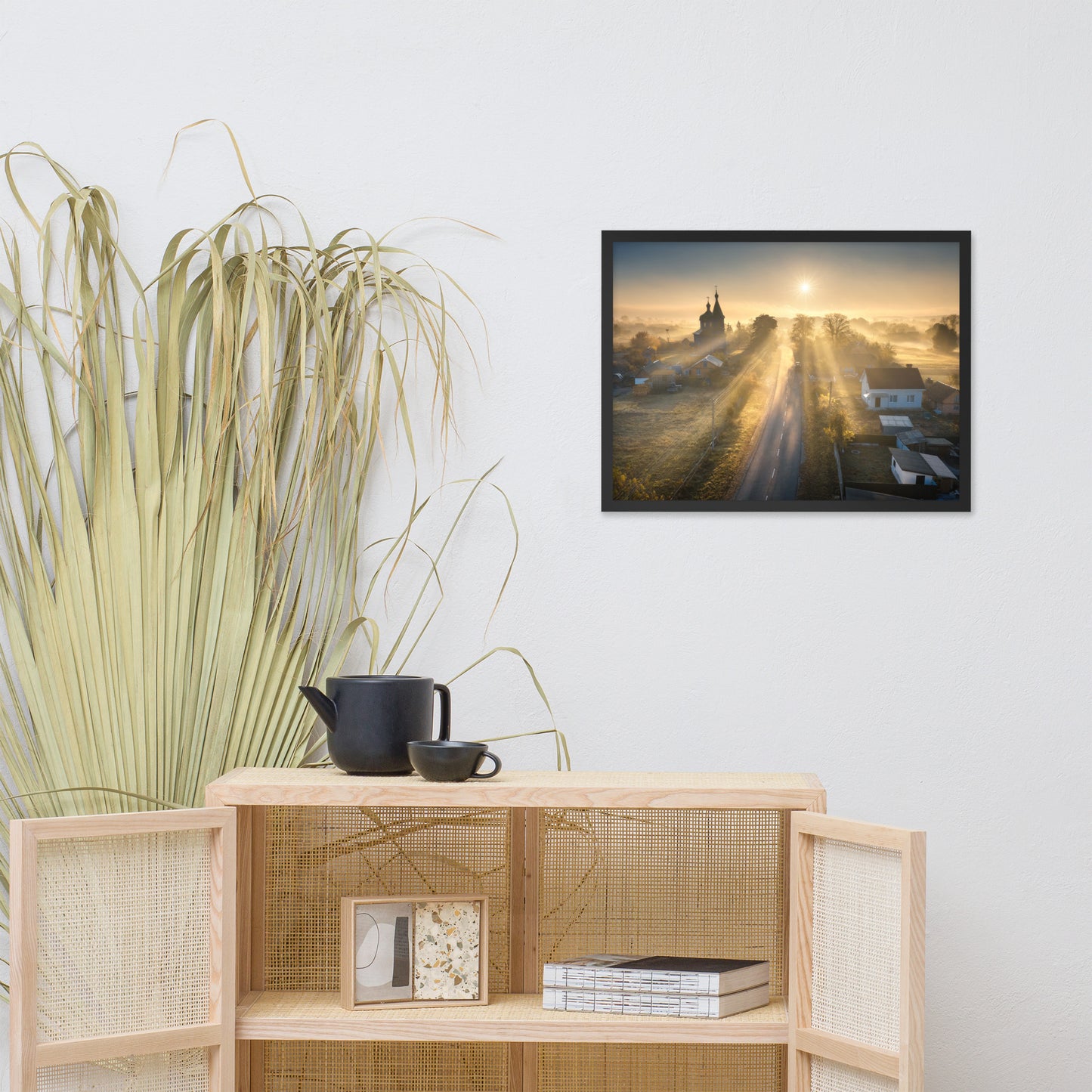 Misty Rural Town Sunrise in Autumn with Glory Rays Framed Wall Art Prints
