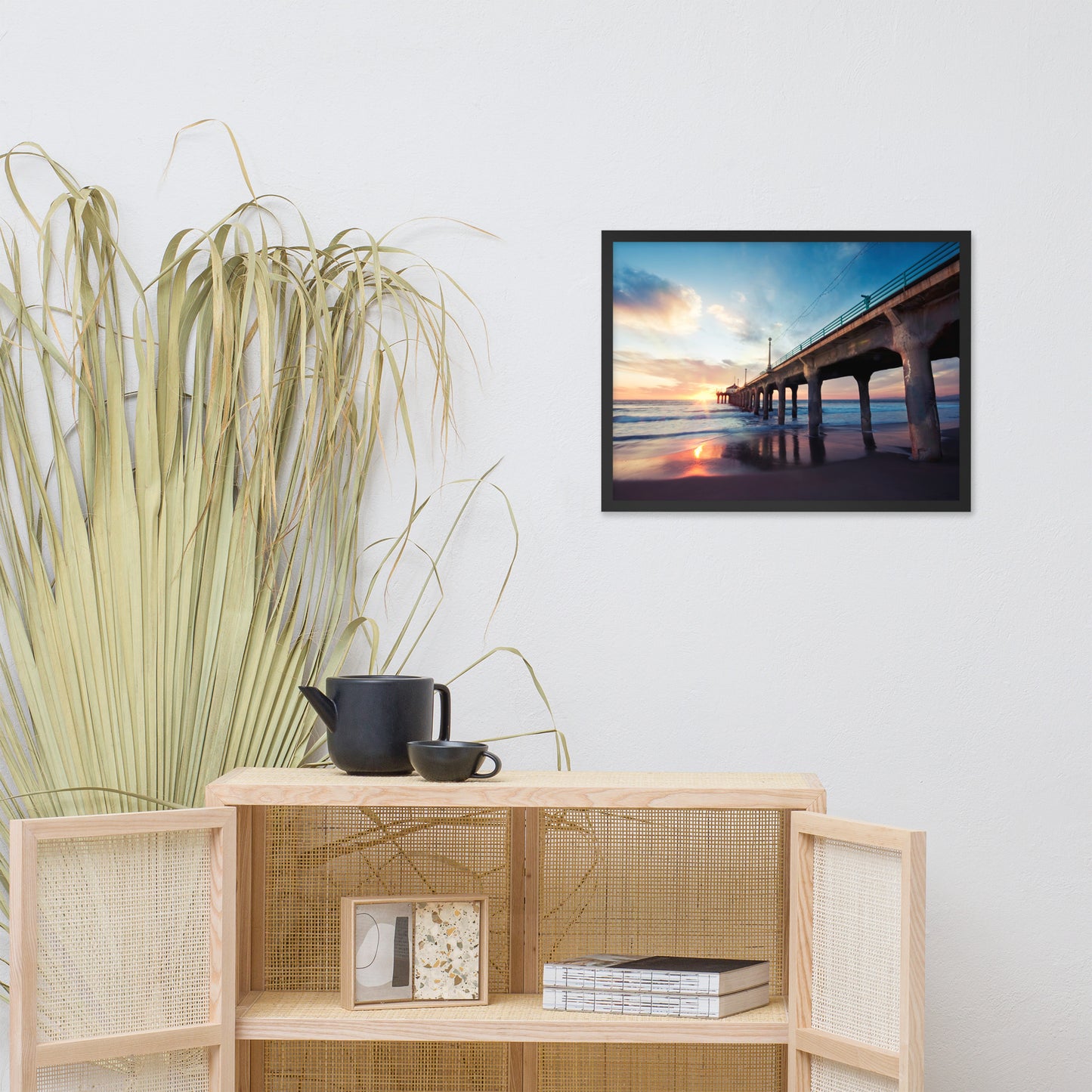 Tranquil Manhattan Beach Pier at Sunset Coastal Landscape Photo Framed Wall Art Prints