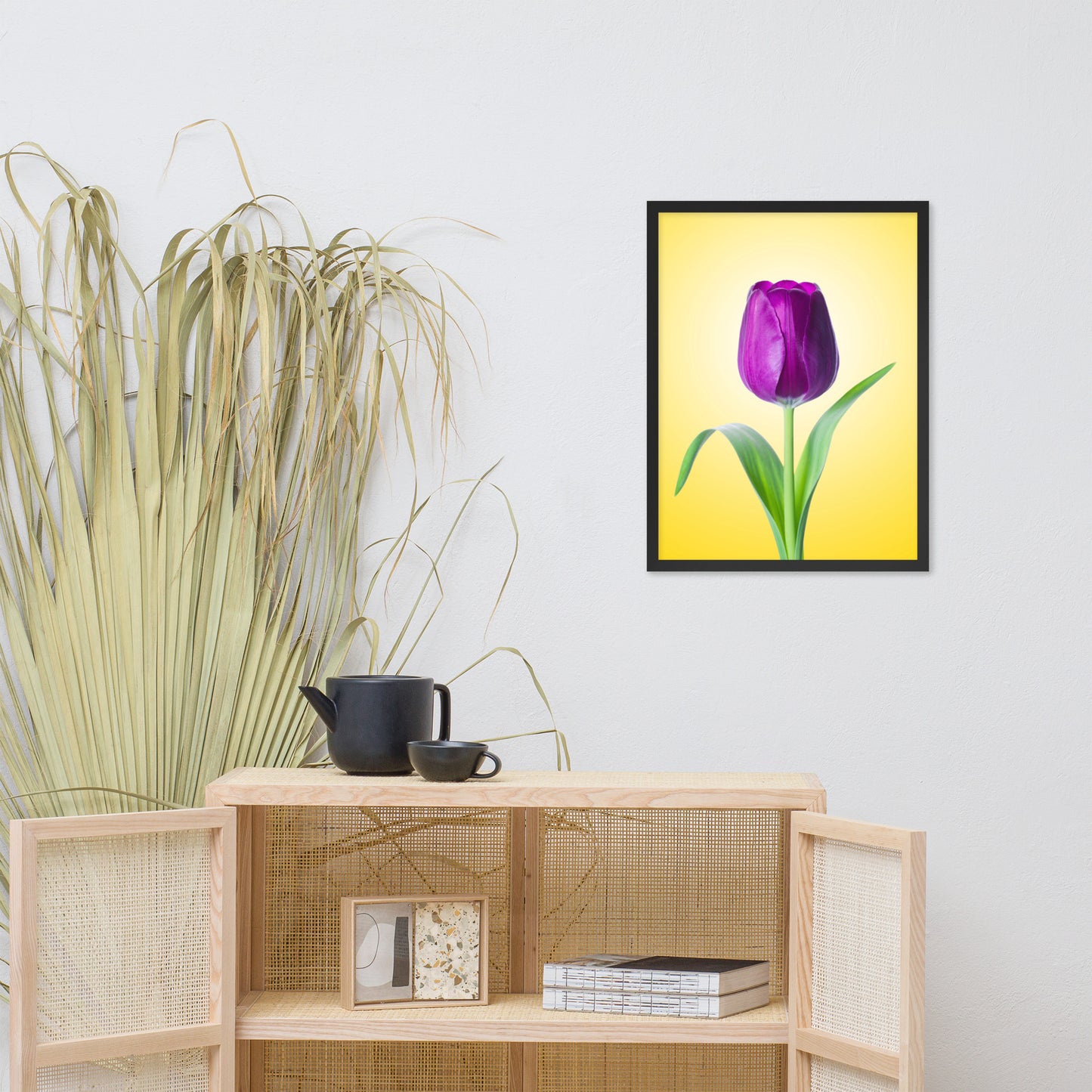 Purple Tulip on Yellow Minimal Floral Nature Photo Framed Wall Art Print