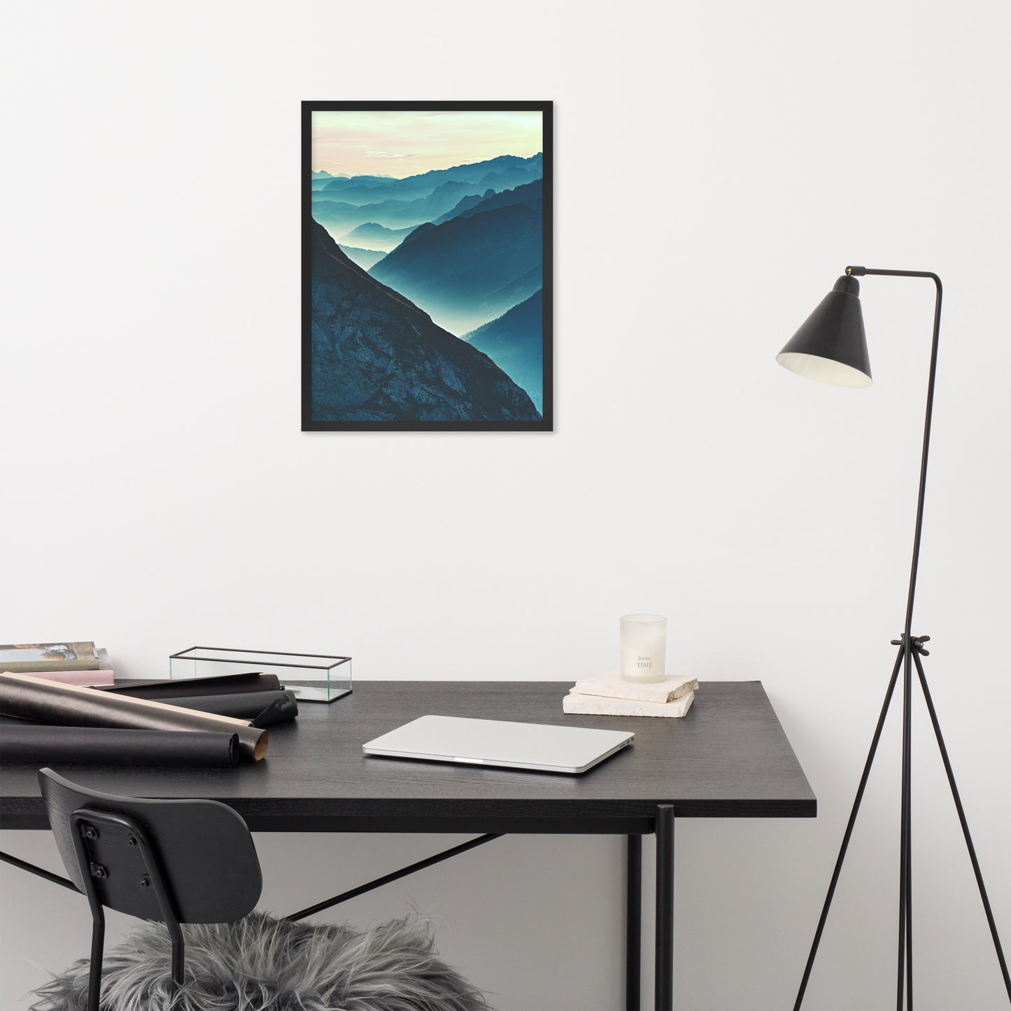 Misty Blue Silhouette Mountain Range Framed Photo Paper Wall Art Prints