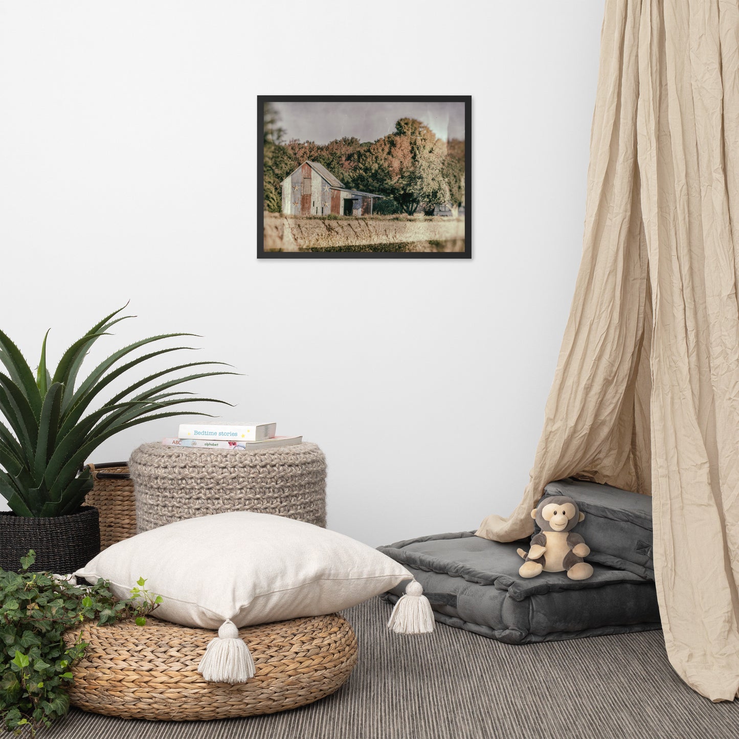 Patriotic Weathered Barn in Field - Glass Plate Framed Photo Paper Wall Art Prints