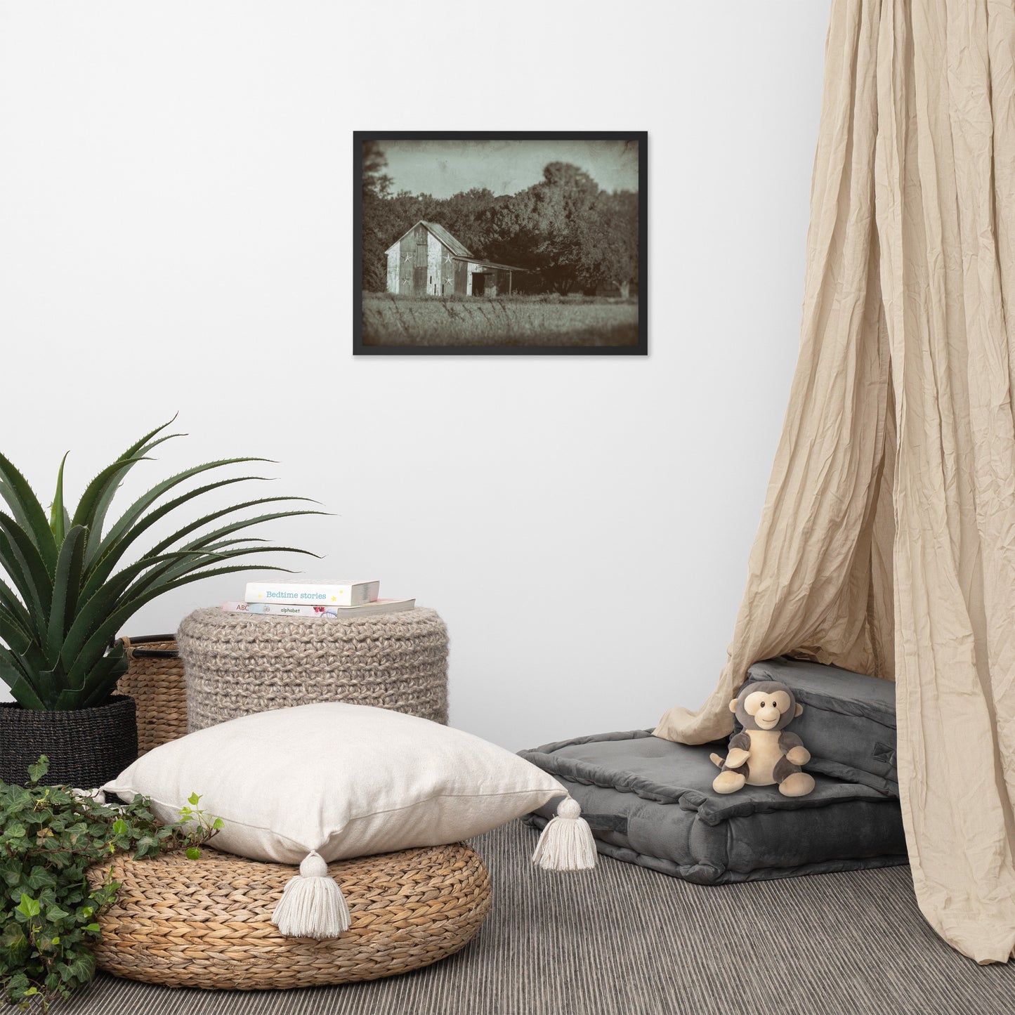 Patriotic Barn in Field Vintage Black and White Glass Plate Framed Photo Paper Wall Art Prints