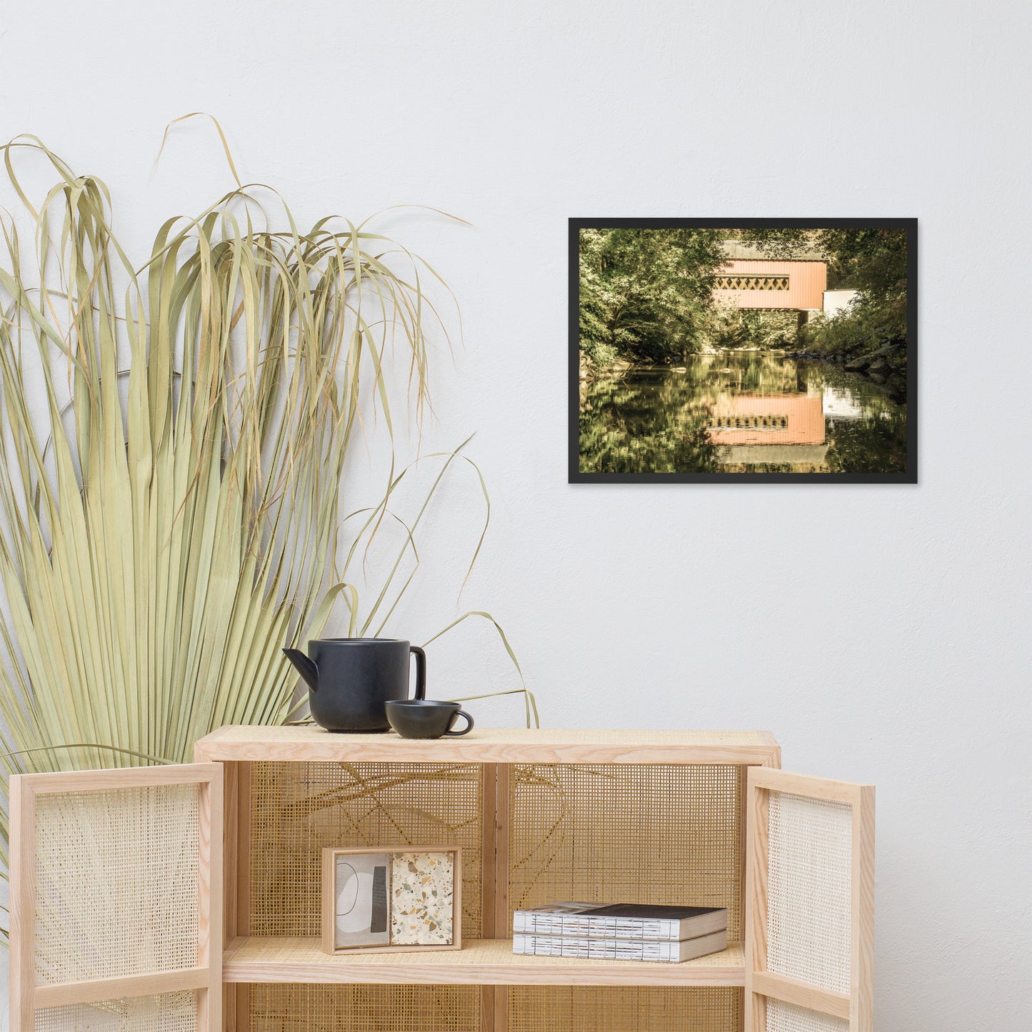 The Reflections of Wooddale Covered Bridge Aged Framed Photo Paper Wall Art Prints