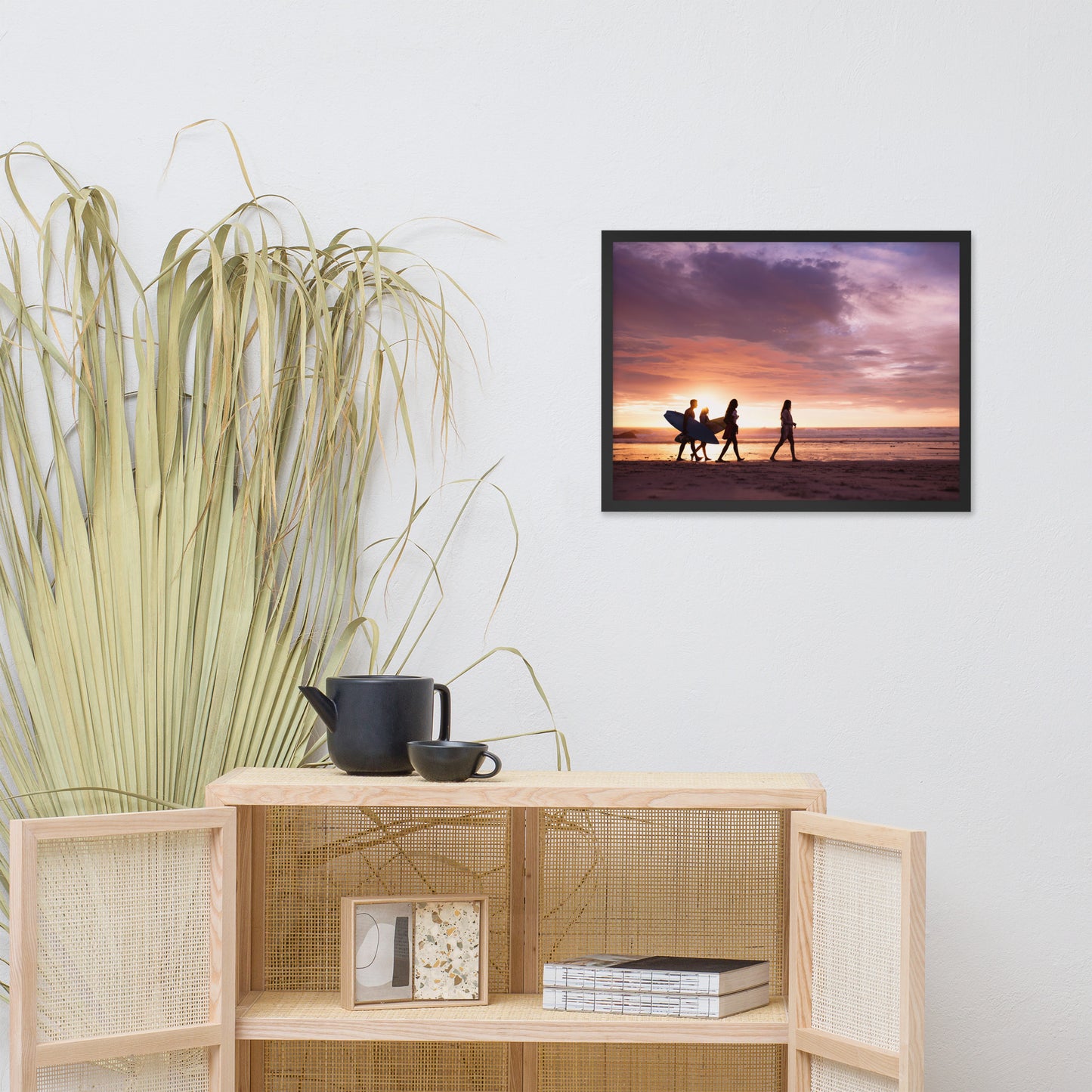 Surfers and Sunset on the Shore Coastal Landscape Lifestyle Photograph Framed Wall Art Print
