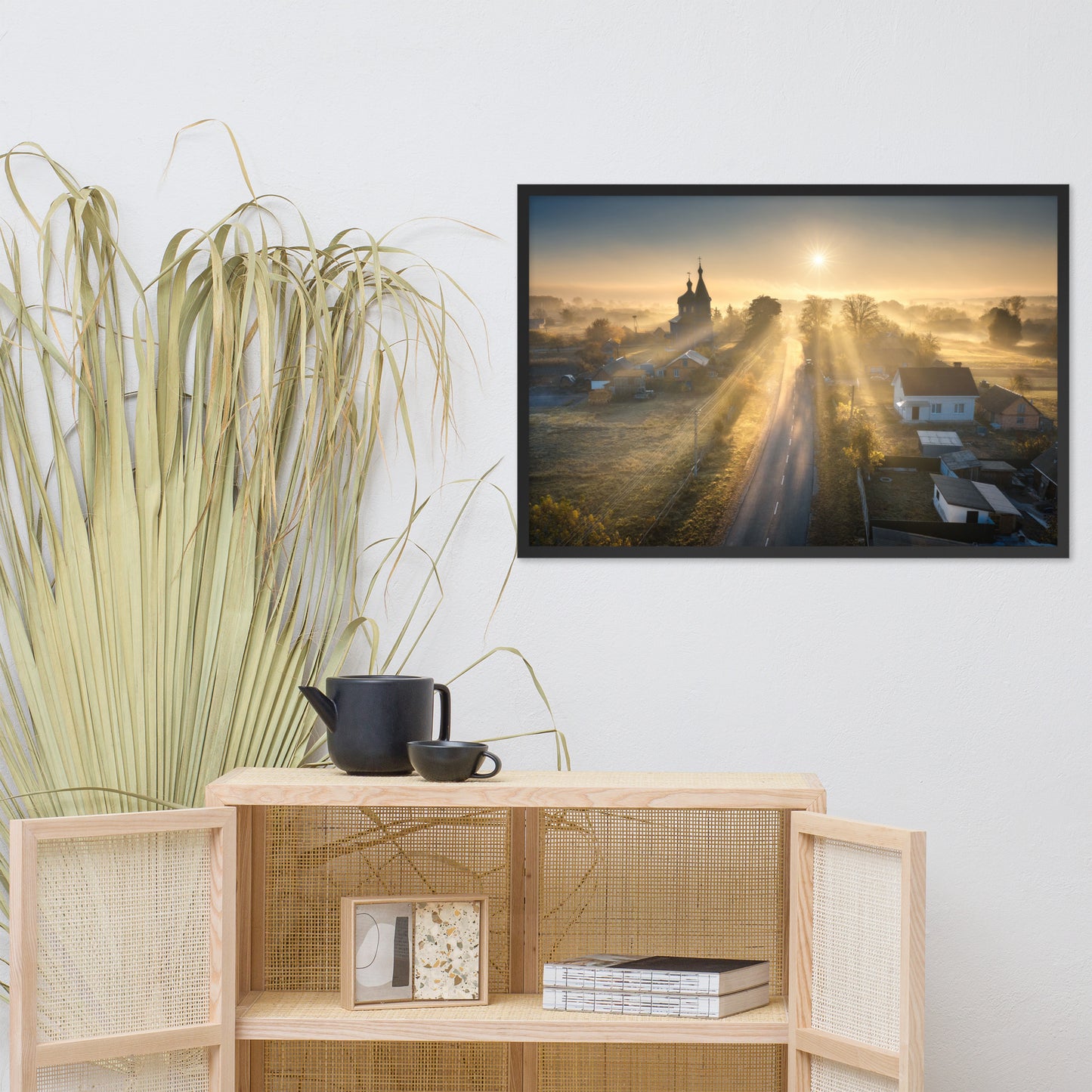 Misty Rural Town Sunrise in Autumn with Glory Rays Framed Wall Art Prints