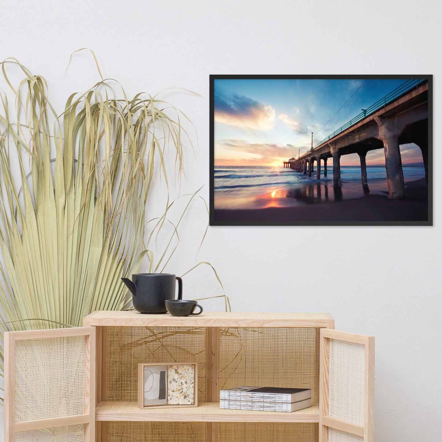Tranquil Manhattan Beach Pier at Sunset Coastal Landscape Photo Framed Wall Art Prints