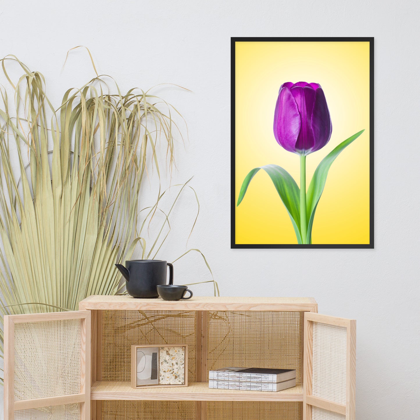 Purple Tulip on Yellow Minimal Floral Nature Photo Framed Wall Art Print