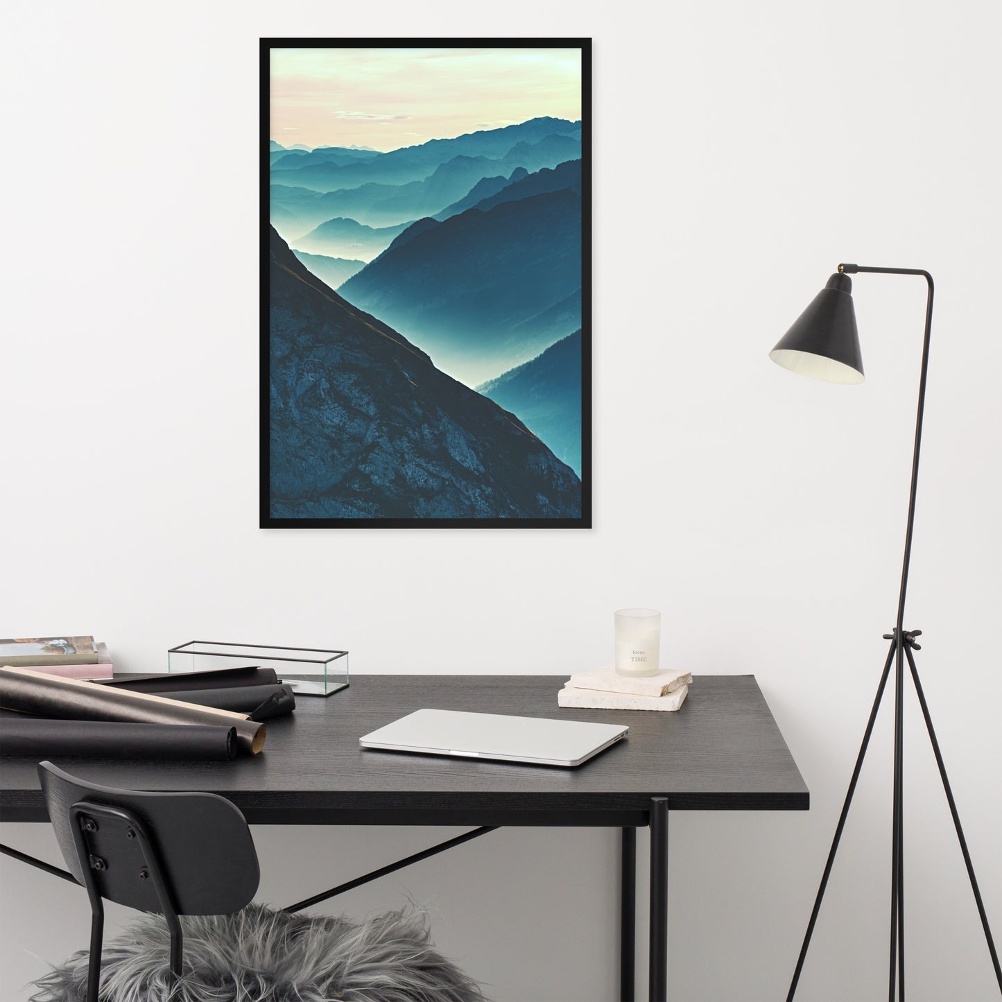 Misty Blue Silhouette Mountain Range Framed Photo Paper Wall Art Prints