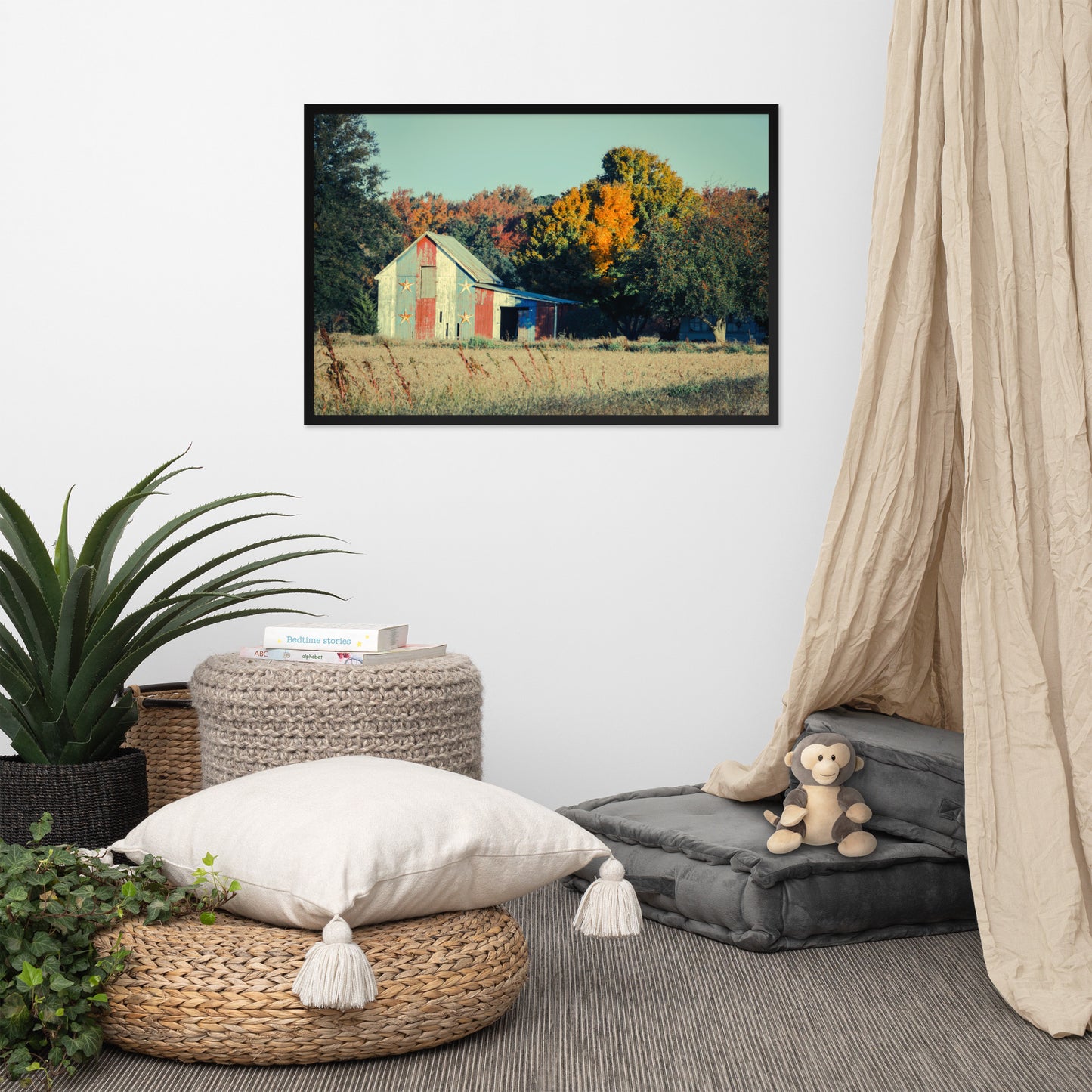 Patriotic Weathered Barn in Field - Cross Processed Framed Photo Paper Wall Art Prints