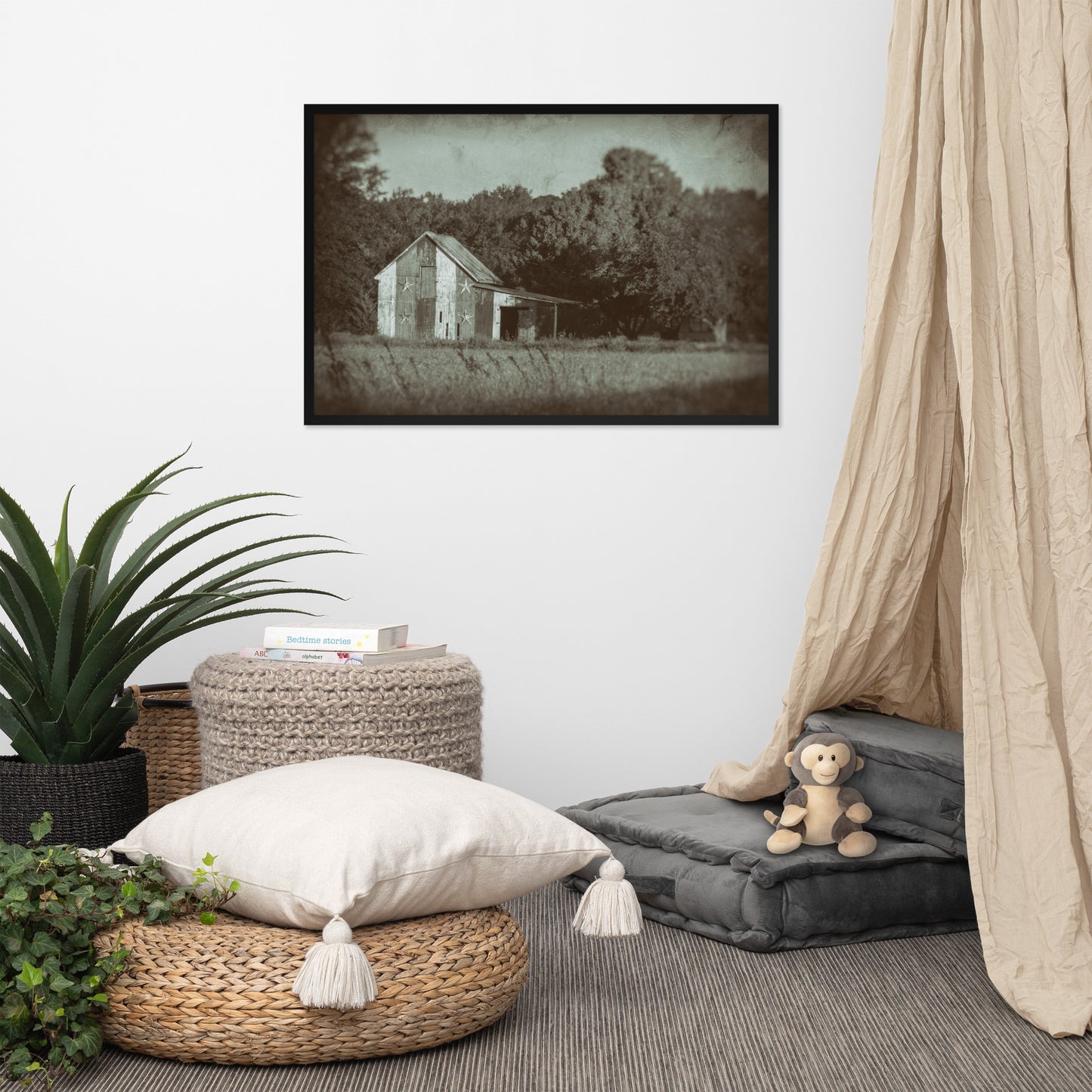 Patriotic Barn in Field Vintage Black and White Glass Plate Framed Photo Paper Wall Art Prints