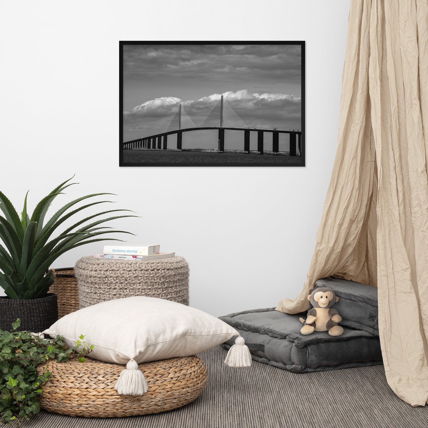 Skyway Bridge Black and White Coastal Landscape Framed Photo Paper Wall Art Prints