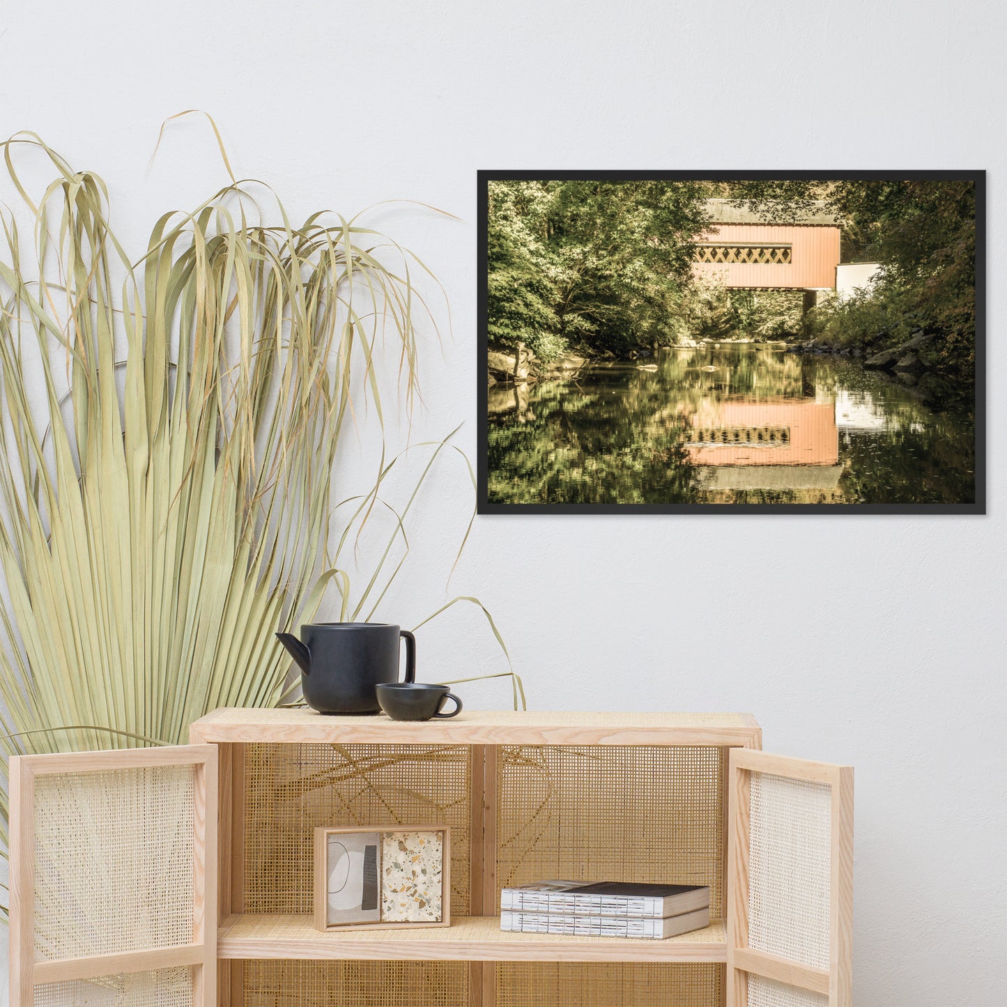 The Reflections of Wooddale Covered Bridge Aged Framed Photo Paper Wall Art Prints