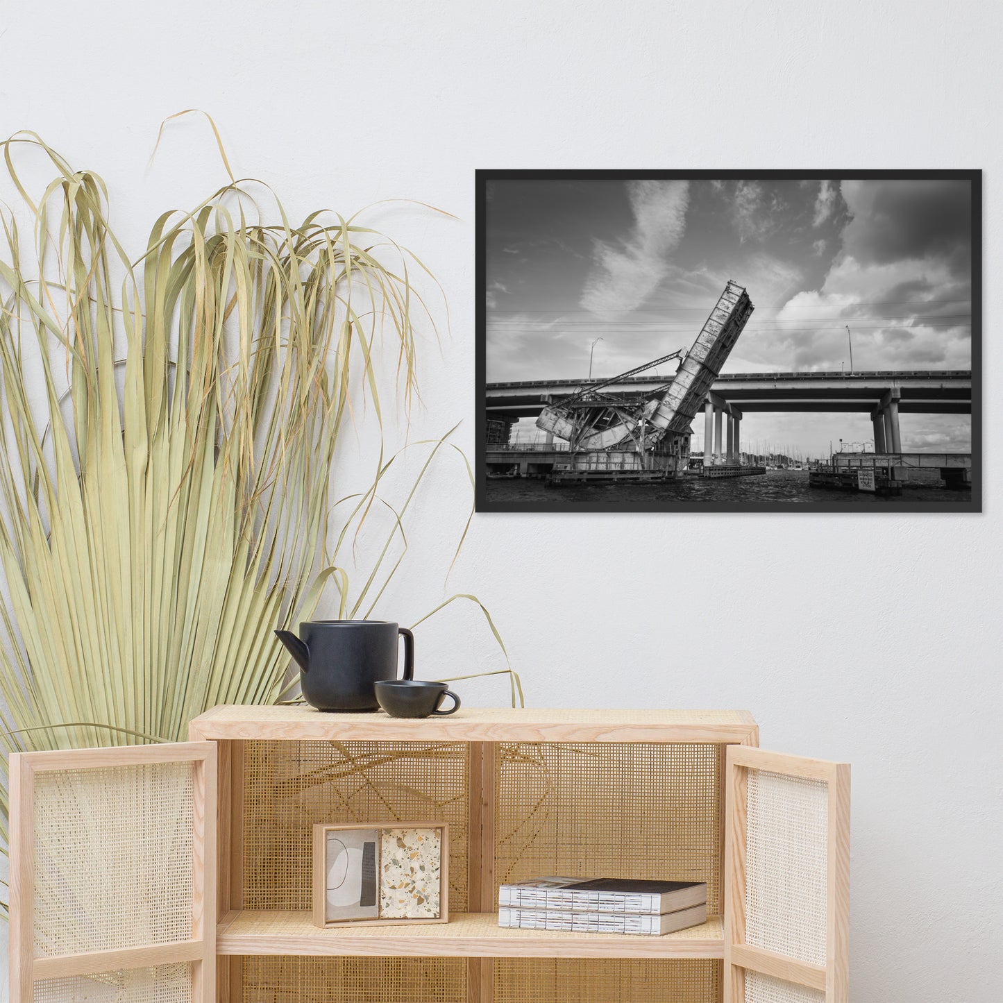 Train Drawbridge Jacksonville Black and White Cityscape Photo Framed Wall Art Print