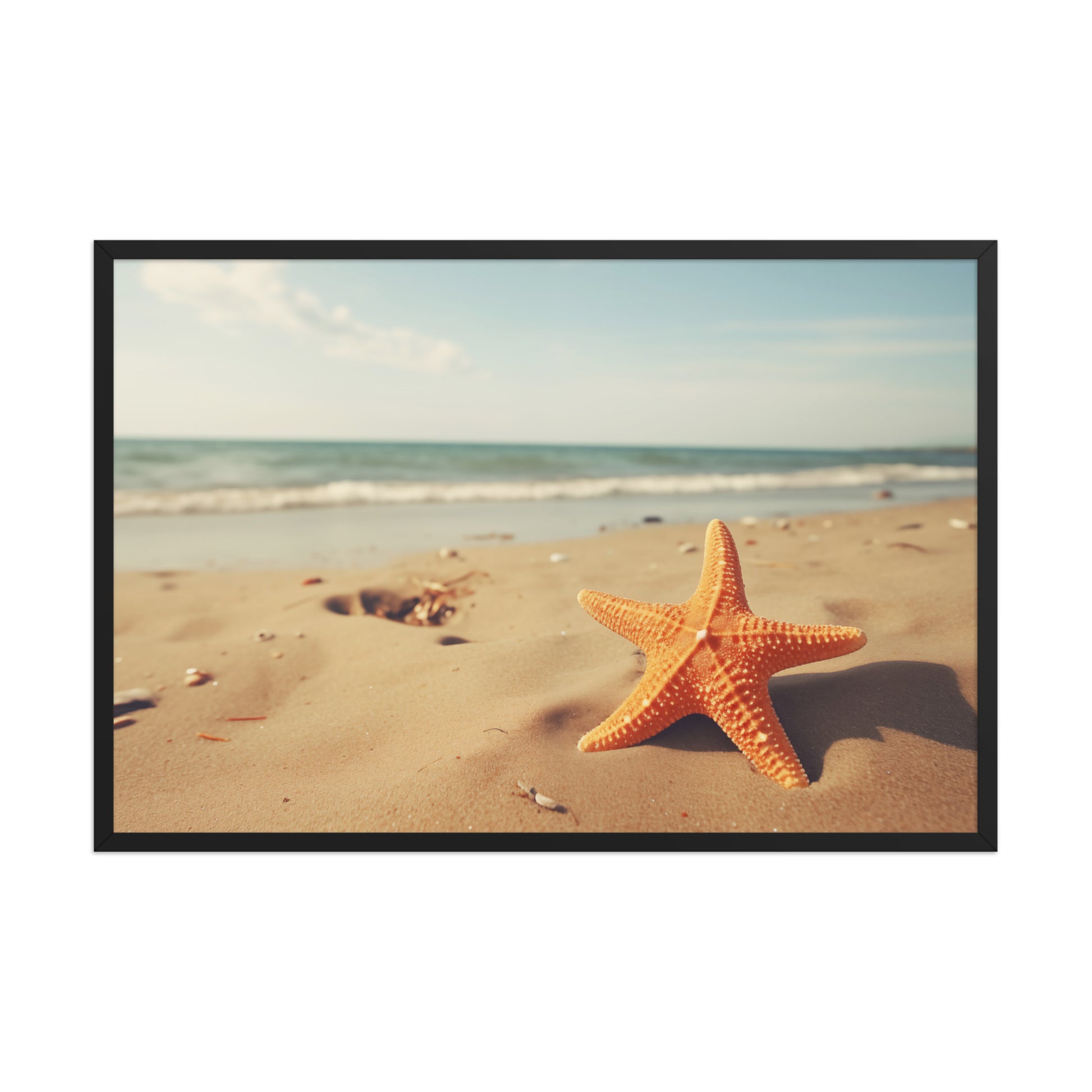 Framed Beach Wall Art: A Moment of Serenity Starfish on Beach Photorealism Coastal Digital Art