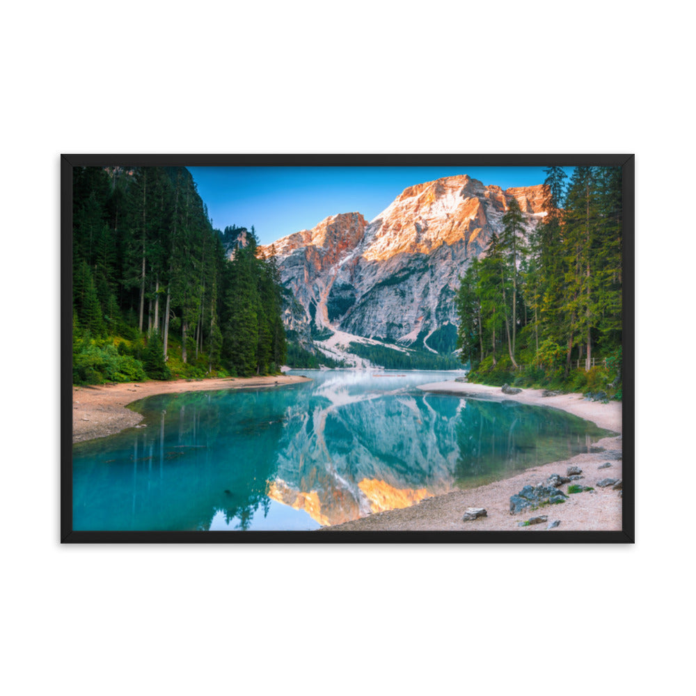 Rustic Framed Art: Misty Lake and Snow - cap Mountain Reflections - Rural / Country Style / Rustic / Landscape / Nature Photograph Framed Wall Art Print - Artwork - Wall Decor