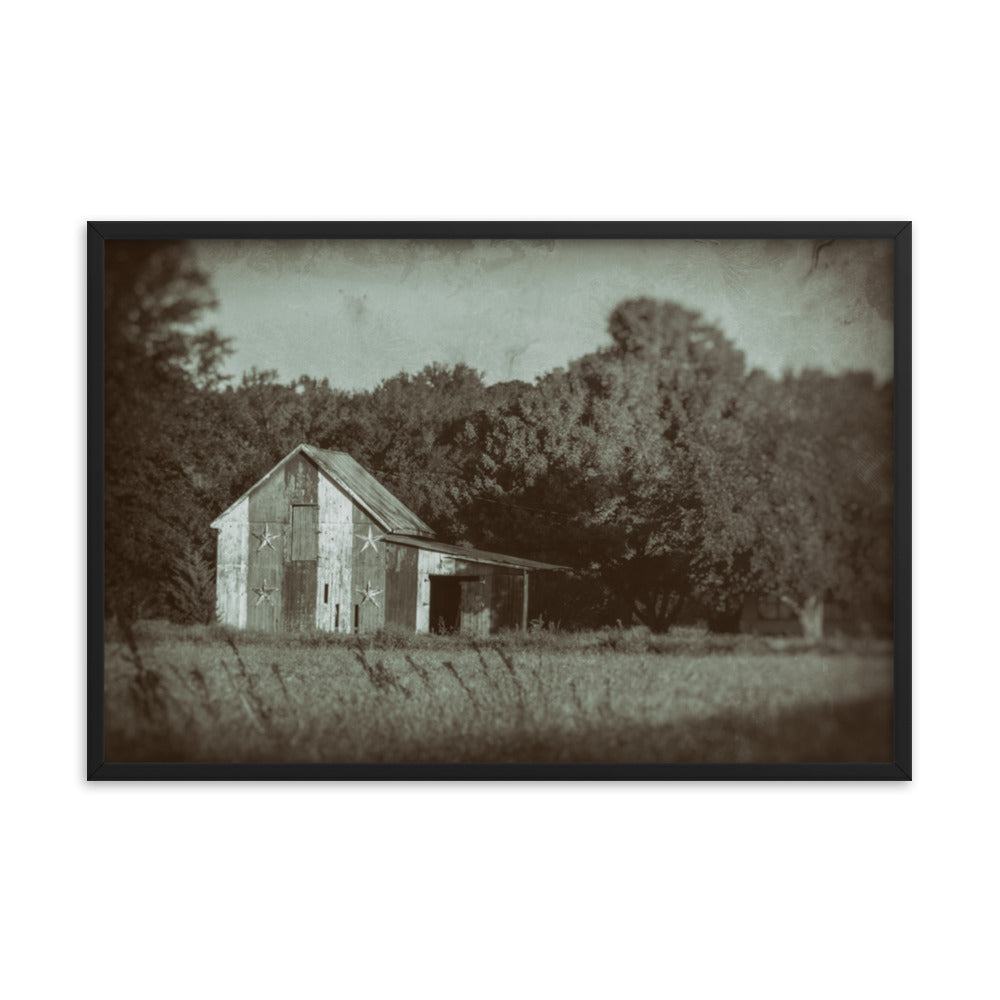 Patriotic Barn in Field Vintage Black and White Glass Plate Framed Photo Paper Wall Art Prints