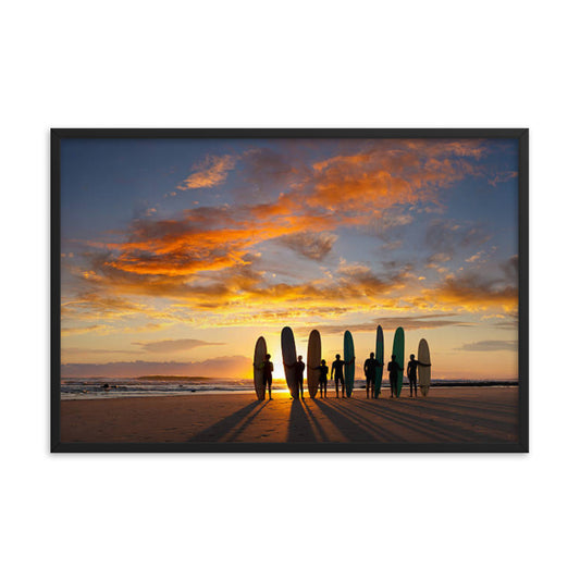 Silhouettes of Stoke: A Malibu Sunrise Coastal Lifestyle Abstract Nature Photograph Framed Wall Art Print