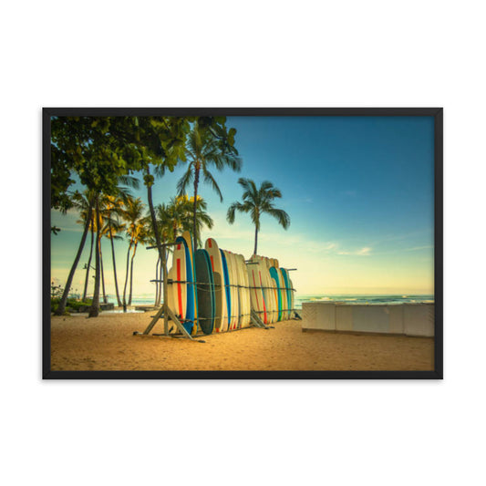Your Wave is Waiting: Hawaiian Surfboard Dreams Coastal Lifestyle Landscape Framed Wall Art Print