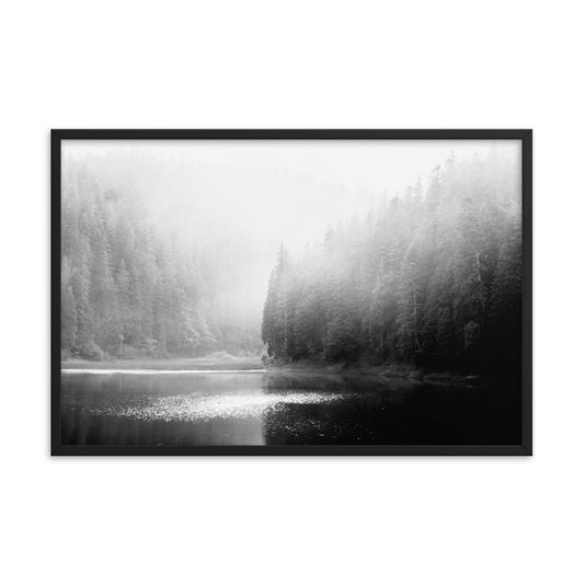 Foggy River and Pine Trees Rustic Landscape Photograph Framed Wall Art Print