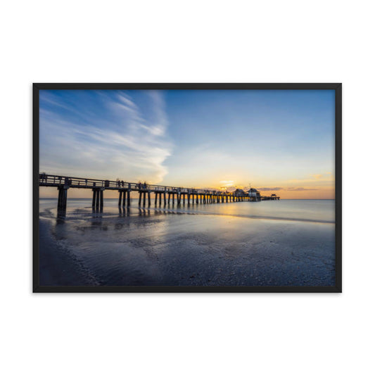 Sunset and the Naples Pier Coastal Beach Landscape Photograph Framed Wall Art Print