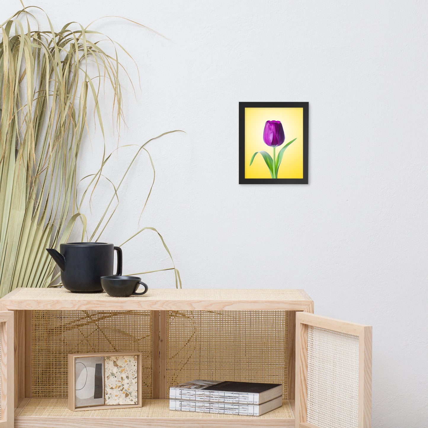 Purple Tulip on Yellow Minimal Floral Nature Photo Framed Wall Art Print